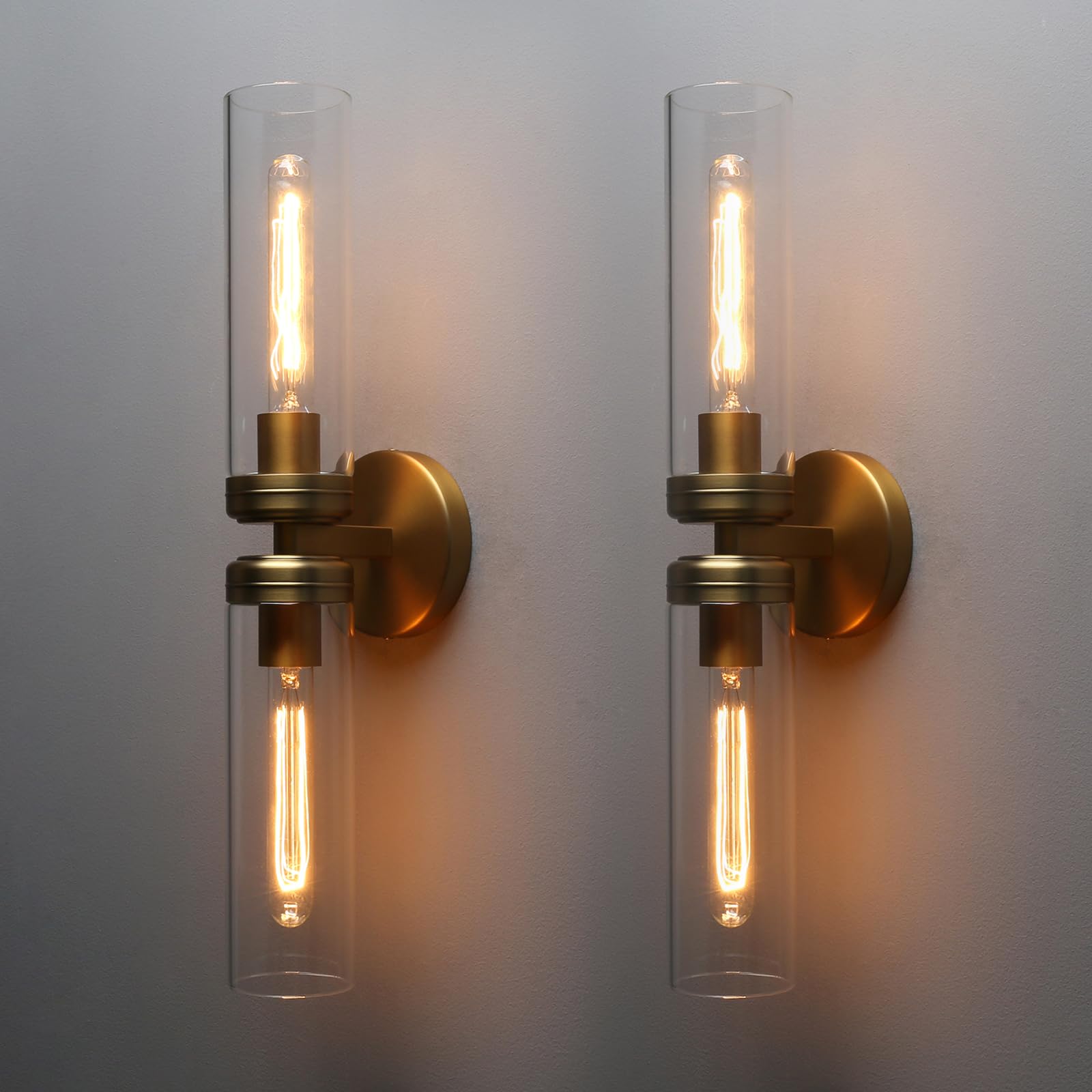 Pathson 2 Lights Cylinder Glass Wall Sconce, Set of 2 Hardwired Wall Vanity Lights with Double Tube Glass, Vintage Aluminum Wall Lamp Decor for Bathroom Mirror Living Room Bedroom Fireplace Staircase