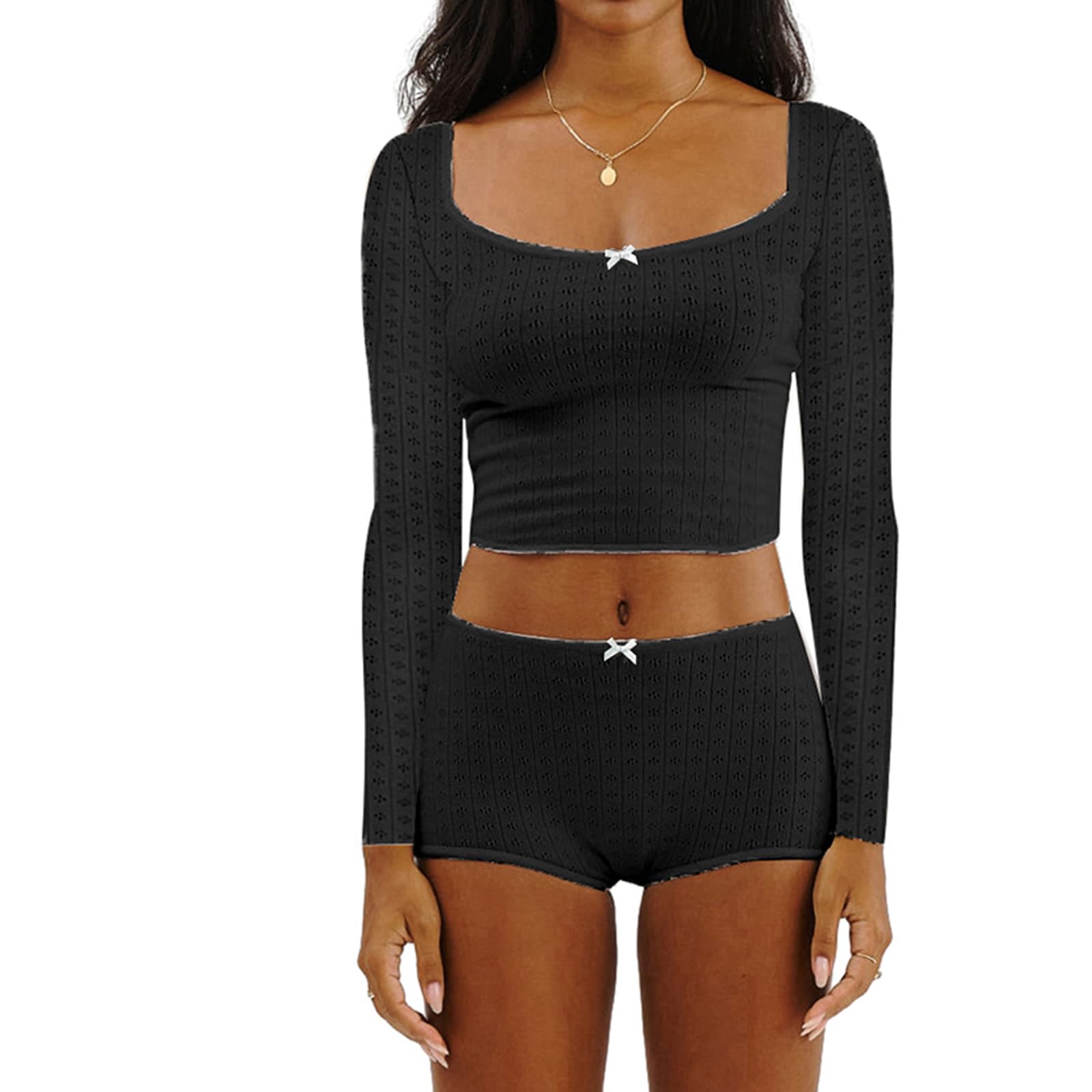 Multitrust Women Two Piece Lounge Set Long Sleeve Crop Tops and High Waist Shorts Ribbed Matching Pajamas Sets Loungewear: Medium Z Black