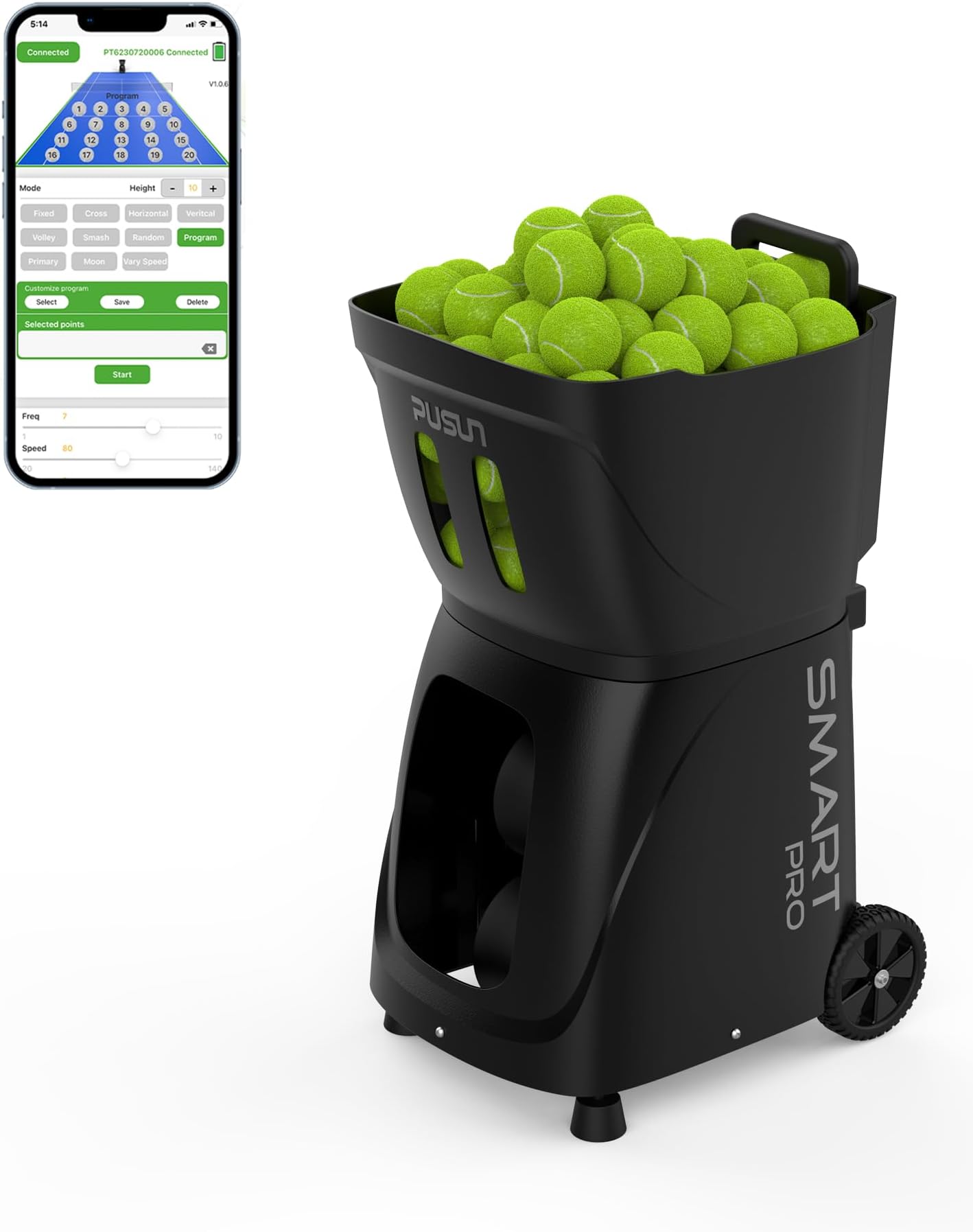 PT-Smart Pro Tennis Ball Machine, Internal Oscillation Ball Launcher with App for Apple Watch Control, 110+ Ball Capacity, 20 Landing Points, Up to 75 MPH, Portable Trainer for All Levels