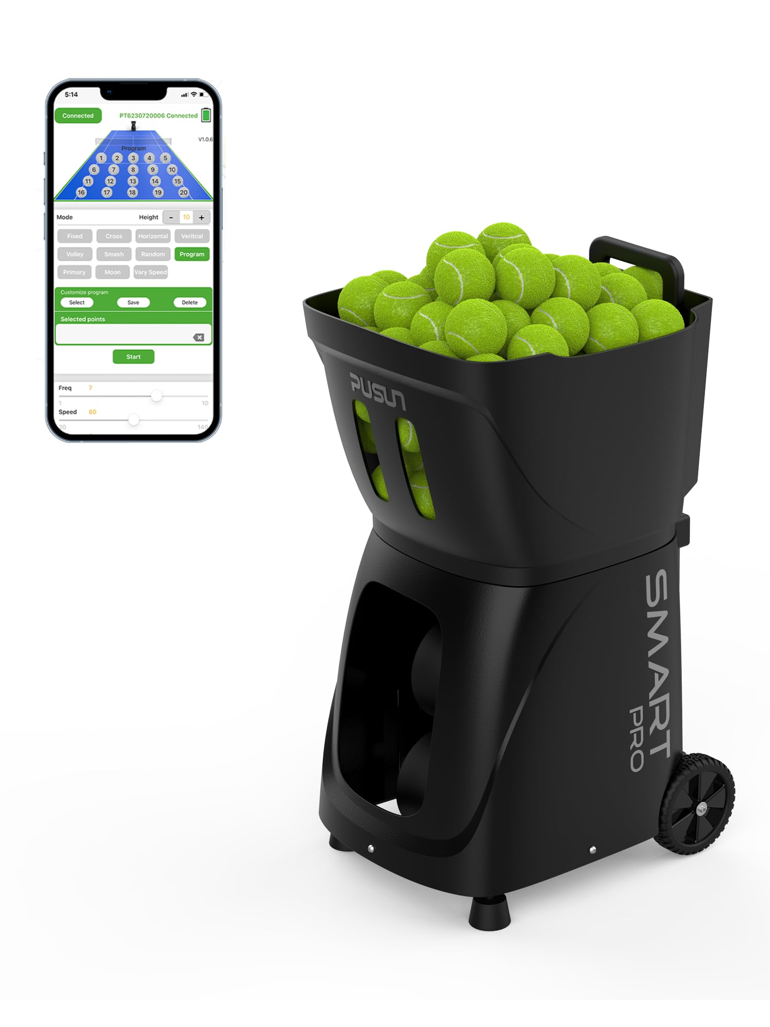 Máquina de pelotas de tenis PT-smart Pro, programación inteligente, gran capacidad, batería larga duración, velocidad y giro ajustables, portátil