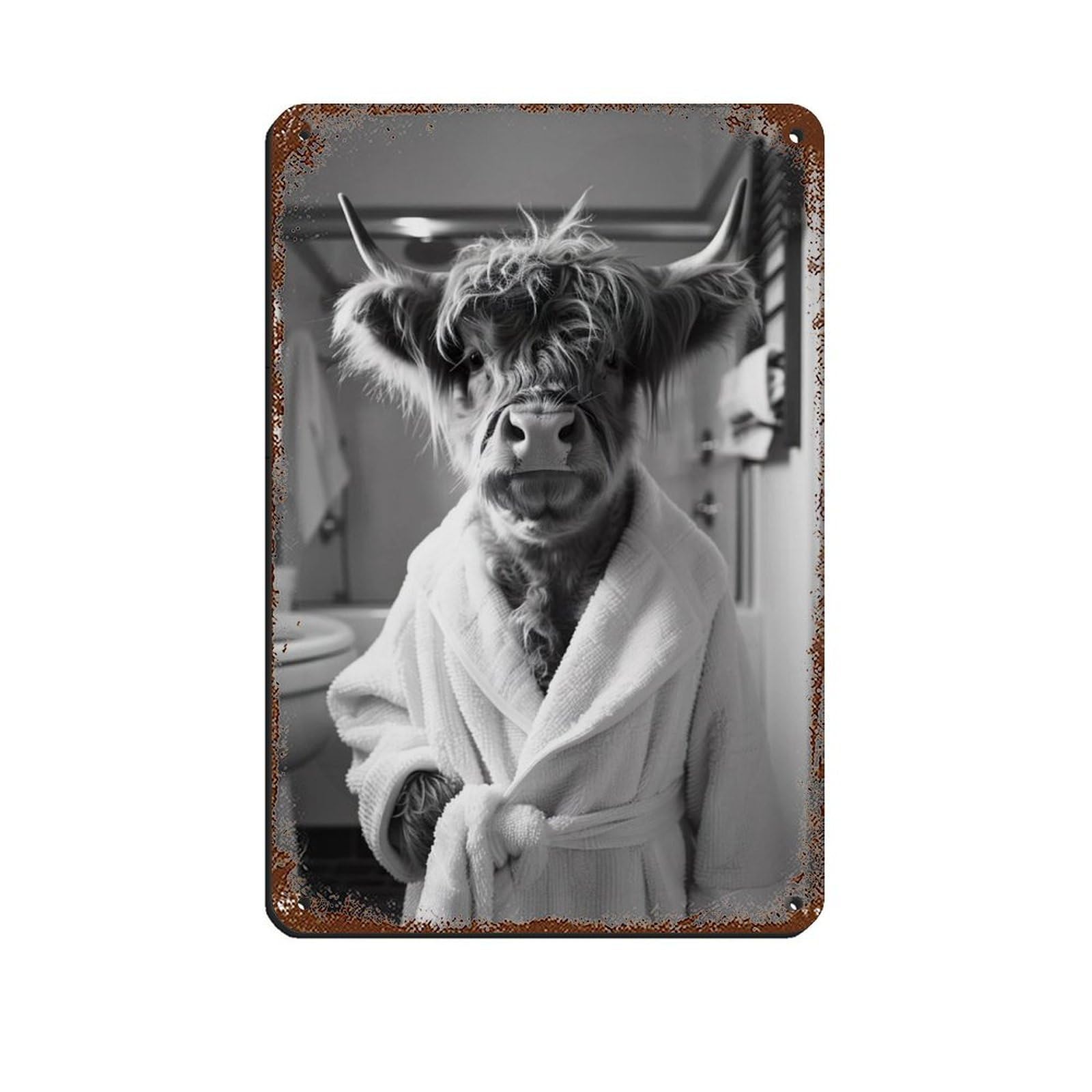 Lxwnze 20L X 30W Cm Highland Cow In A Bathrobe, Funny Bathroom Art Retro Poster Metal Tin Sign Chic Art Retro Iron Painting Bar People Cave Cafe Family Garage Poster Wall Decoration 8X12inch(20X30cm)