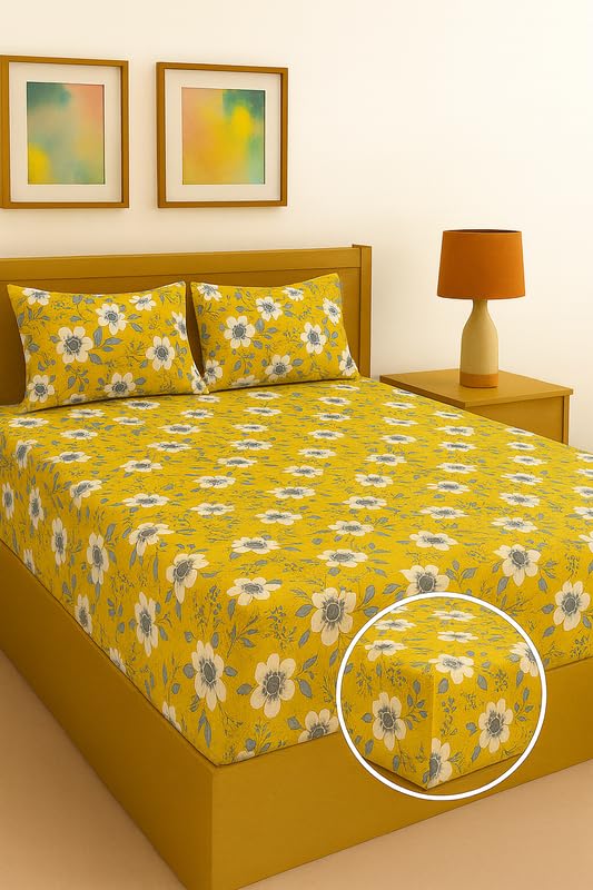 Image of Yellow Bright Floral Print Fitted Bedsheet | Glace Cotton 140 TC | King Size (72x78 inch) with 2 Pillow Covers (18x28 inch) | Deep Pocket up to 10 Inches - Soft & Comfortable
