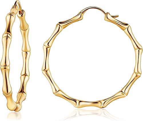 Barzel - Aretes de aro de bambú de oro para mujer, chapados en oro de 18 quilates, oro rosa o blanco