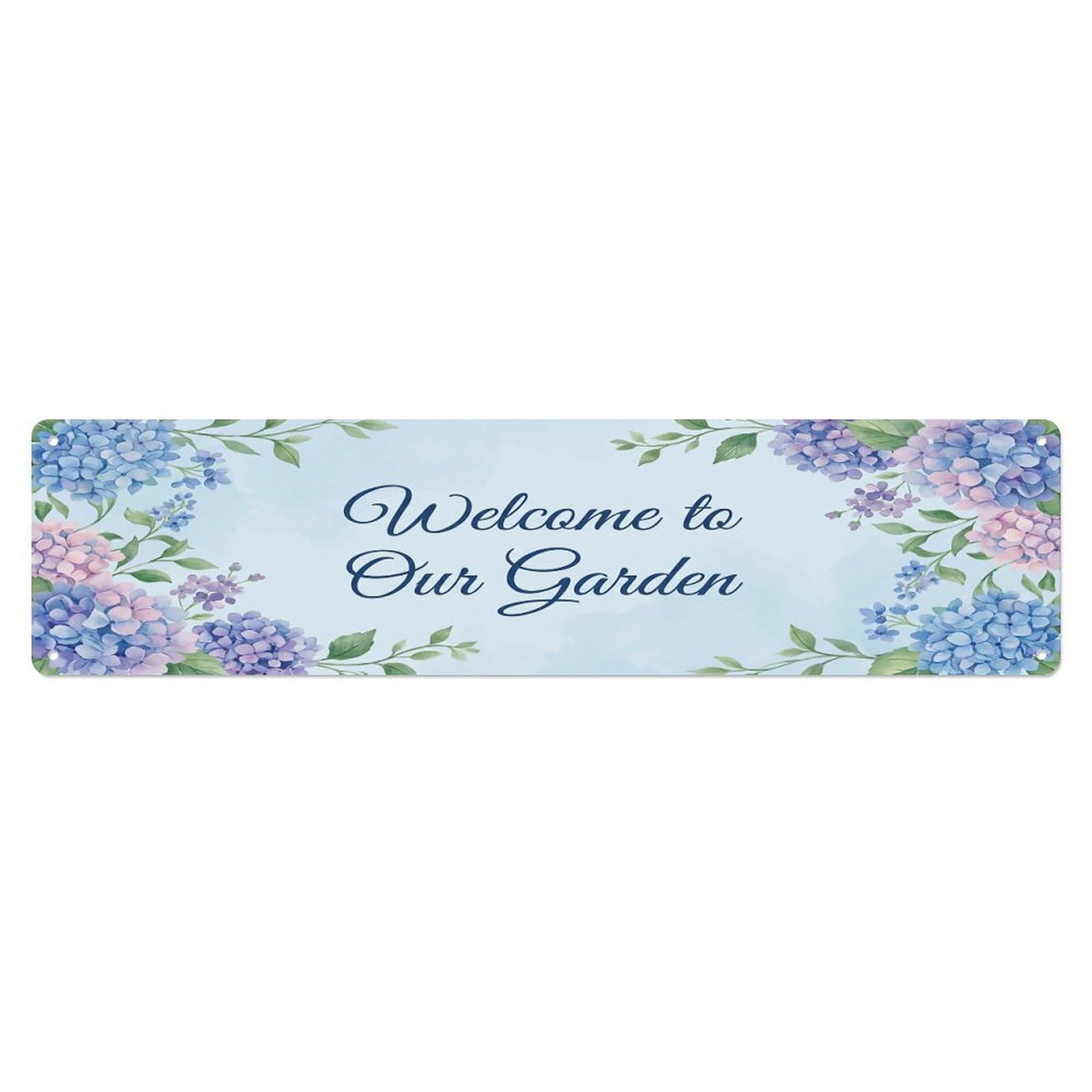 Vintage Welcome to Our Garden Hydrangea Blue Metal Tin Sign