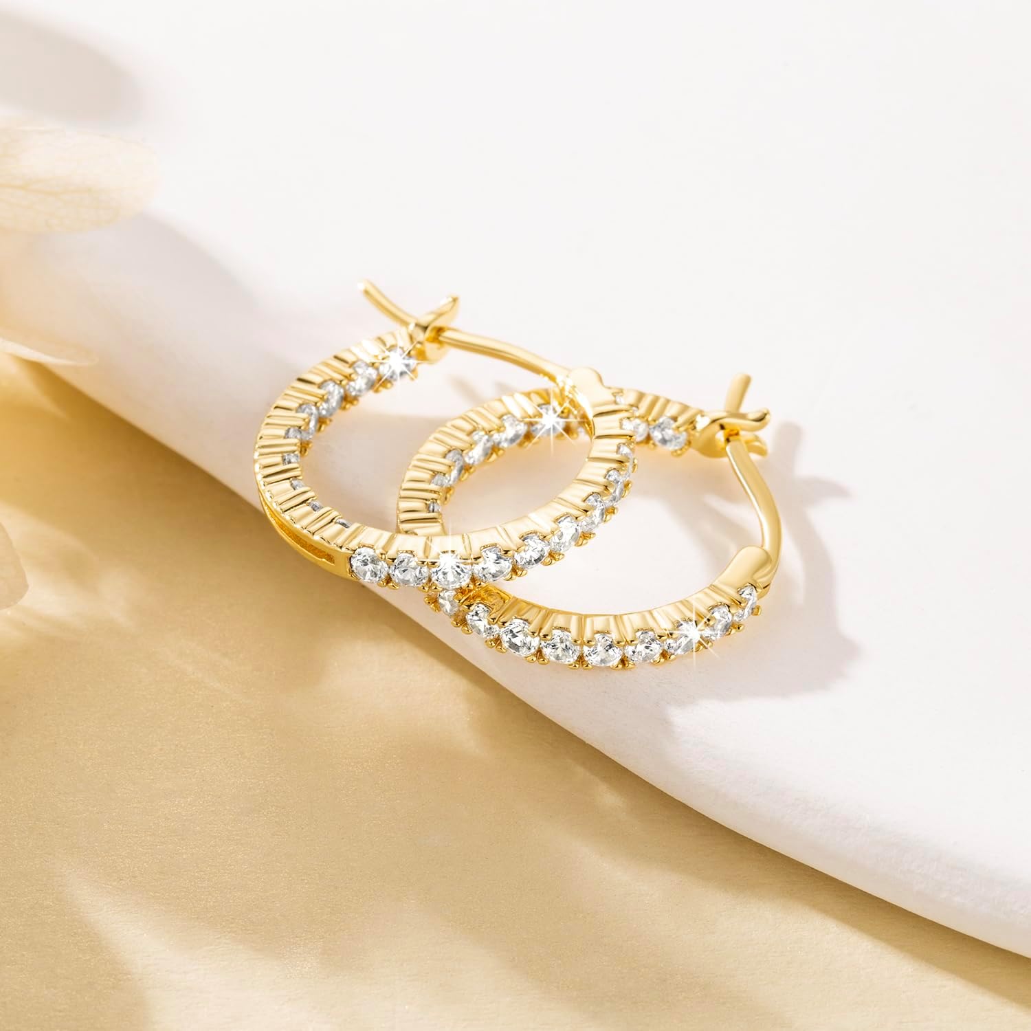 Gold Hoop Earrings 14K Gold Hoop Earrings for Women Lightweight 14 Karat Hoops Earring Dual-sided Cubic Zirconia Womens Earring Hoops 20/30mm