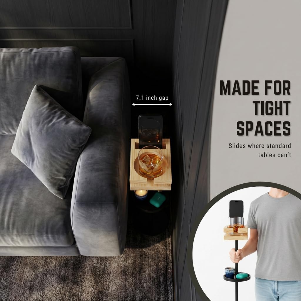 Drink Table for Small Spaces - Slim Pedestal Side Table with Real Wood Top & Stable Base for Coffee & Cocktails - Ideal for Tight Living Room & Bedroom Spaces (Walnut)