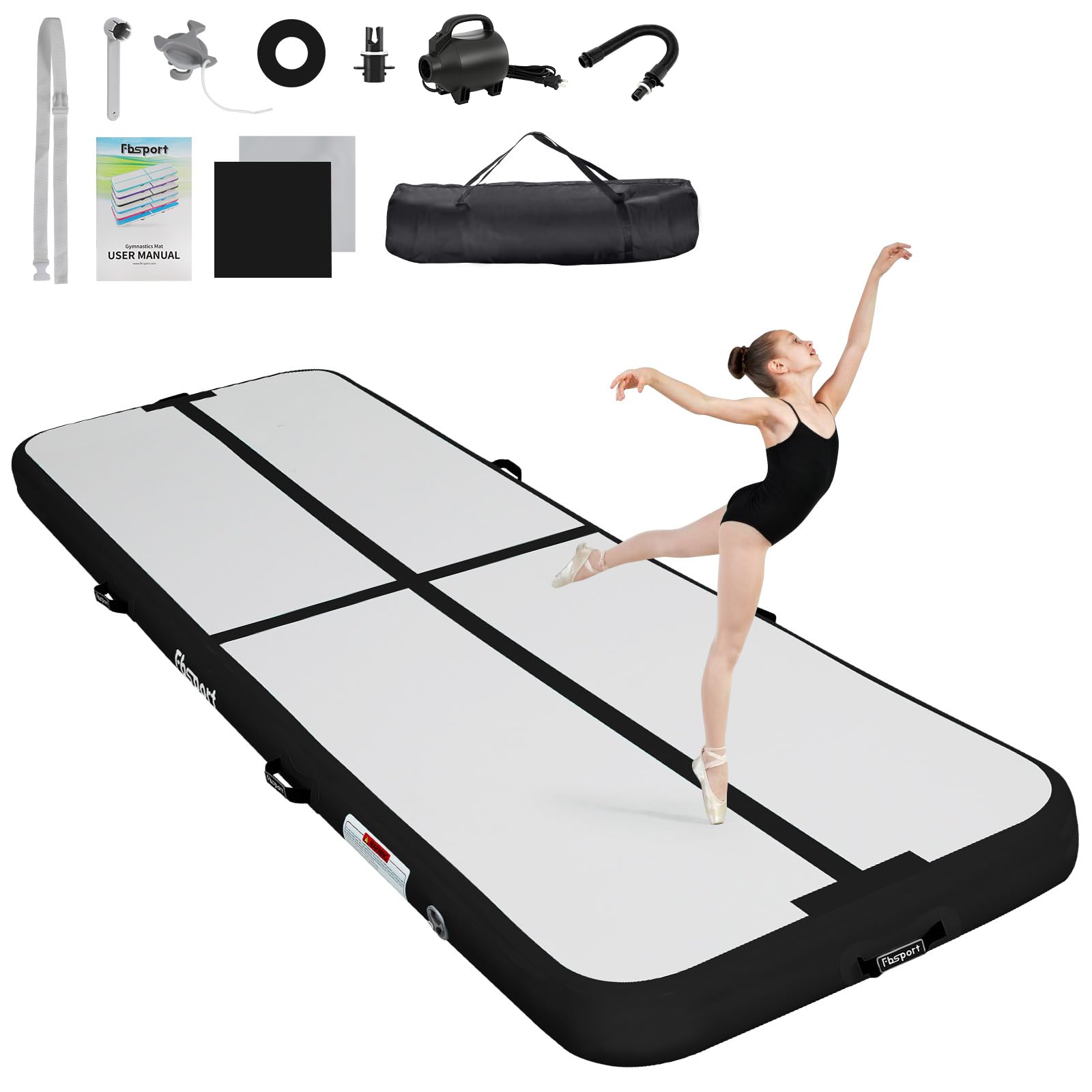 FBSPORT Airtrack Matte 3/4/5 m Trainingsmatte, 10/20 cm Dicke Tumbling Matten mit Luftpumpe und Tragetasche, Gymnastikmatte für Zuhause/Yoga/Outdoor/Tumbling/Gym/Training/Cheerleading/Wasser
