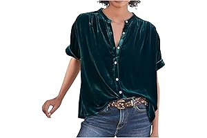 Women's Casual Roll Up Short Sleeve Velvet Galaxy Top Button Down Blouses