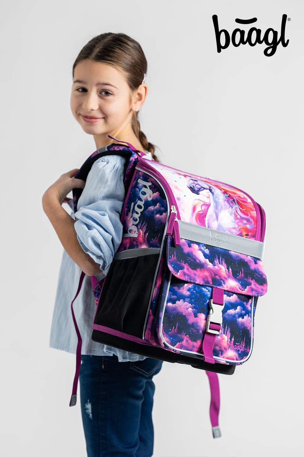 Baagl Mochila escolar para niños y niñas, 3 piezas, mochila escolar Zippy para 1ª clase, mochila escolar primaria con correa para el pecho, mochila escolar ergonómica, Unicornio Real