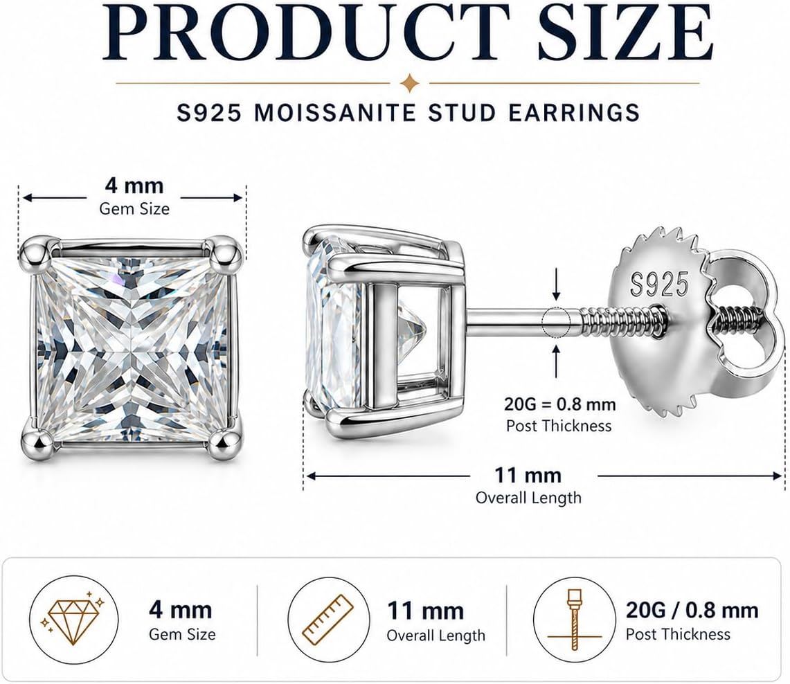 18K White Gold Plated 925 Sterling Silver Moissanite Earrings, Princess Cut D Color FL Clarity Moissanite Stud Earrings for Women Men Hypoallergenic