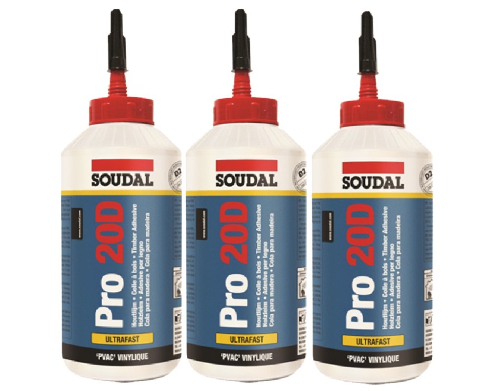 Set of 3 x 750ml Soudal PRO 20D; Ready-to-Use Ultra Fast Adhesive Wood Glue Wood Glue
