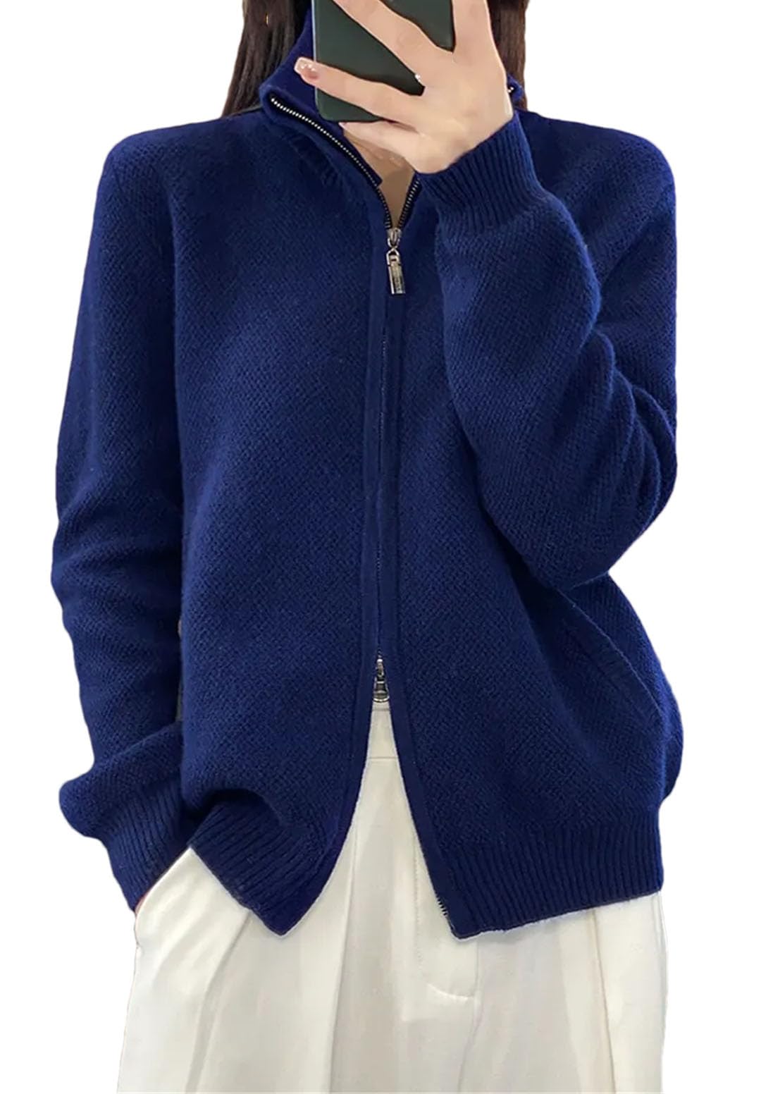 Alloaone Maglione A Collo Alto da Donna con Cerniera Cardigan in Cashmere Lana Maglieria A Maniche Lunghe