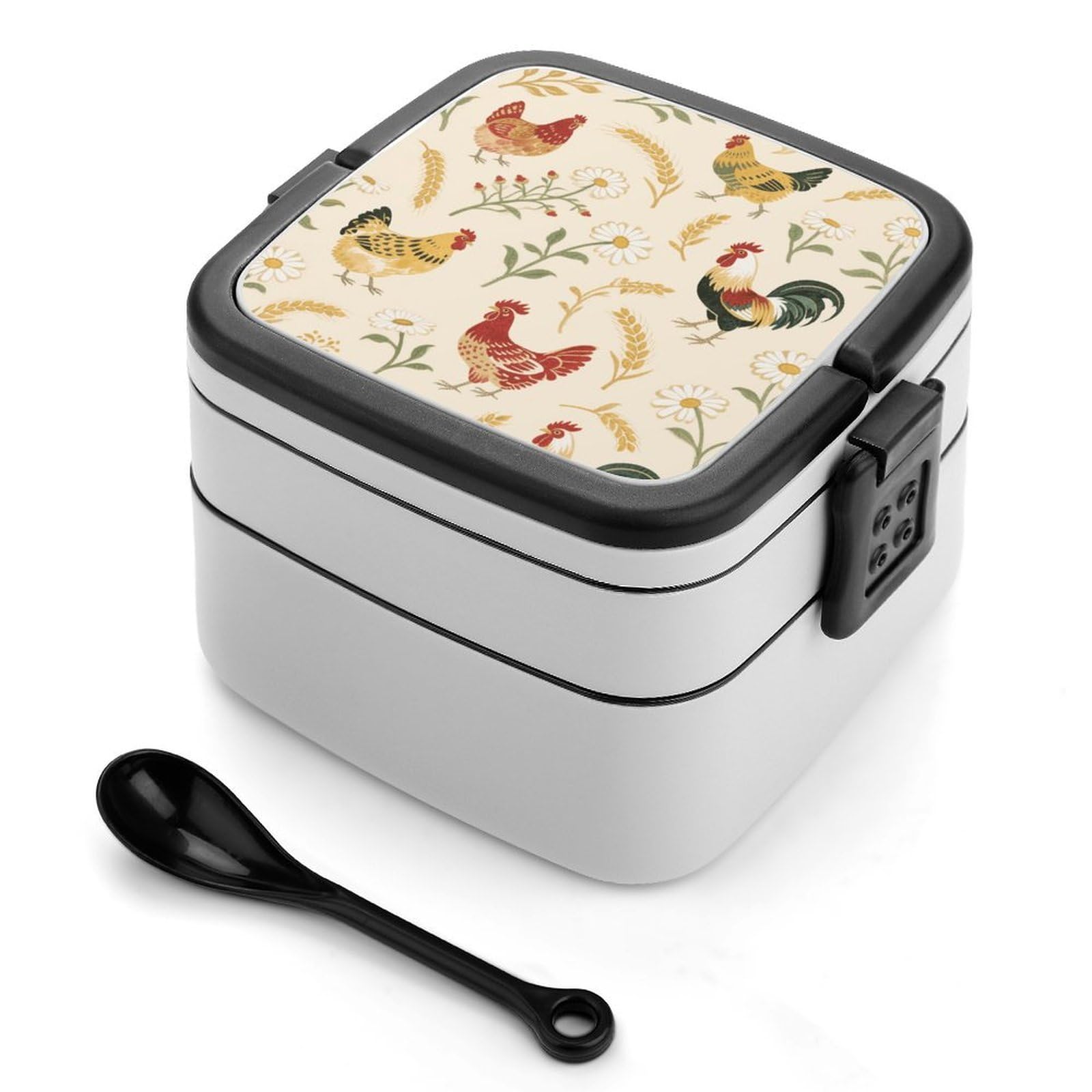 VstaDank Chicken And Rooster Print Bento Box with Compartments Portable Lunch Containers with Spoon Leak Proof Bento Lunch Box Snap-On Design Double-Layer Insulated Lunch Boxes for Work Camping