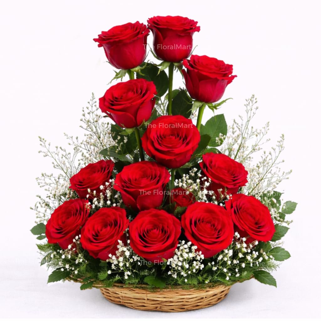 The FloralMart 15 Red Roses Fresh Flowers Basket Arrangement with Seasonal Fillers, for Birthday Gift, Anniversary Gift, Valentines Gift, (Same Day Delivery)-image-12