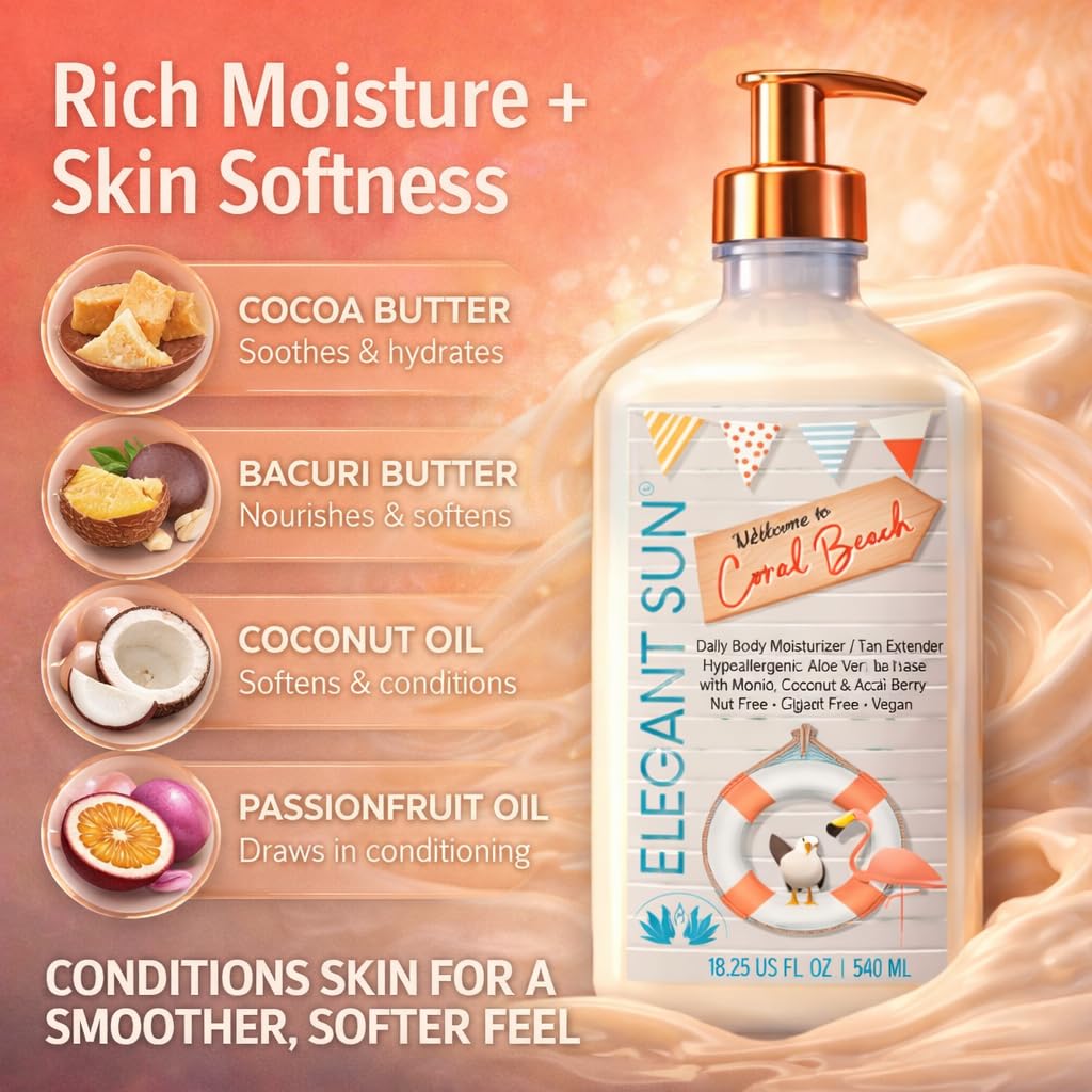 Elegant Sun Coral Beach Daily Moisturizer, Tan Extender Lotion, for After Sun or Tanning Bed, Aloe Vera base, Hypoallergenic, Sensitive Skin, Great for Men and Women, Unisex Fresh Scent