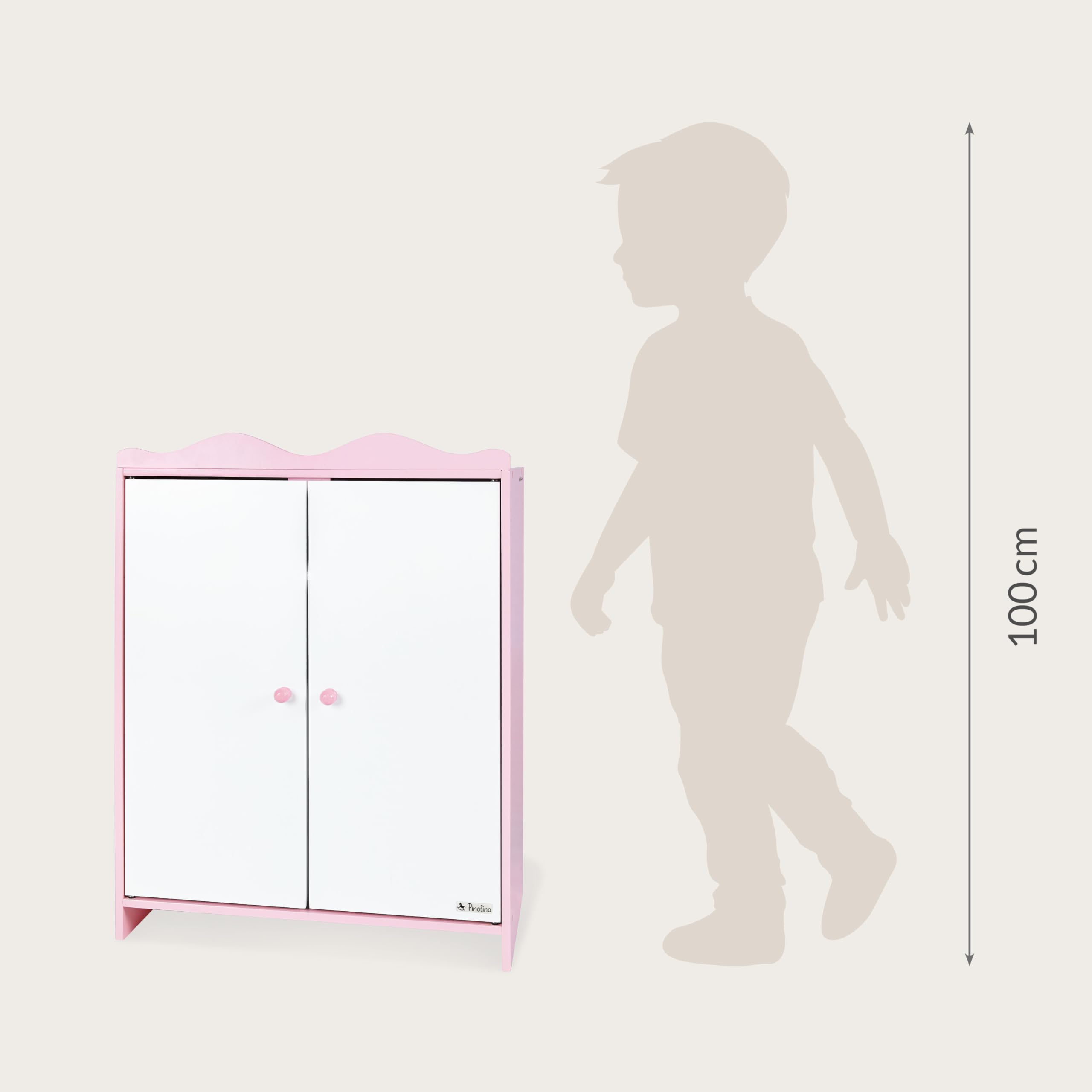 PINOLINO Puppenschrank Jasmin 4-TLG. - Puppenkleiderschrank, Puppenzubehör, Puppen Spielzeug, Schrank mit 2 Türen, Einlegeboden, Kleiderstange, 3 Kleiderbügeln, für Kinder ab 2 Jahren, rosa/weiß