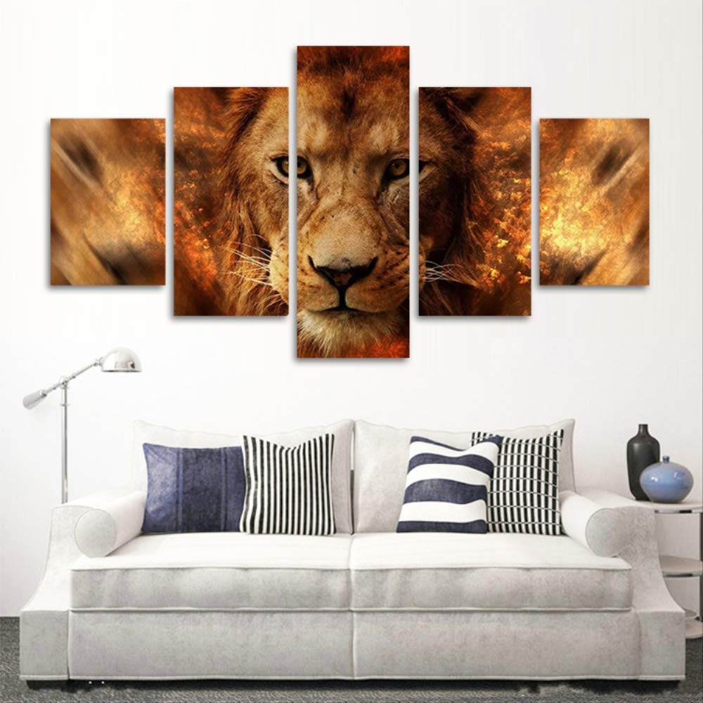 Toile mur art lion fond noir en 5 panneaux decoration moderne de salon
