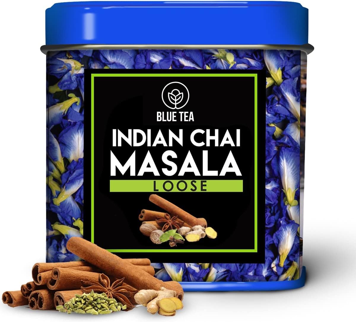 BLUE TEA - Indian Chai Masala Tea | Calming Masala Tea - 50g - 50+ Cups | MASALA SPICY TEA | Ginger, Cardamom, Cinnamon | Caffeine-Free | Herbal Tea | Shark Tank Featured | Tin Pack