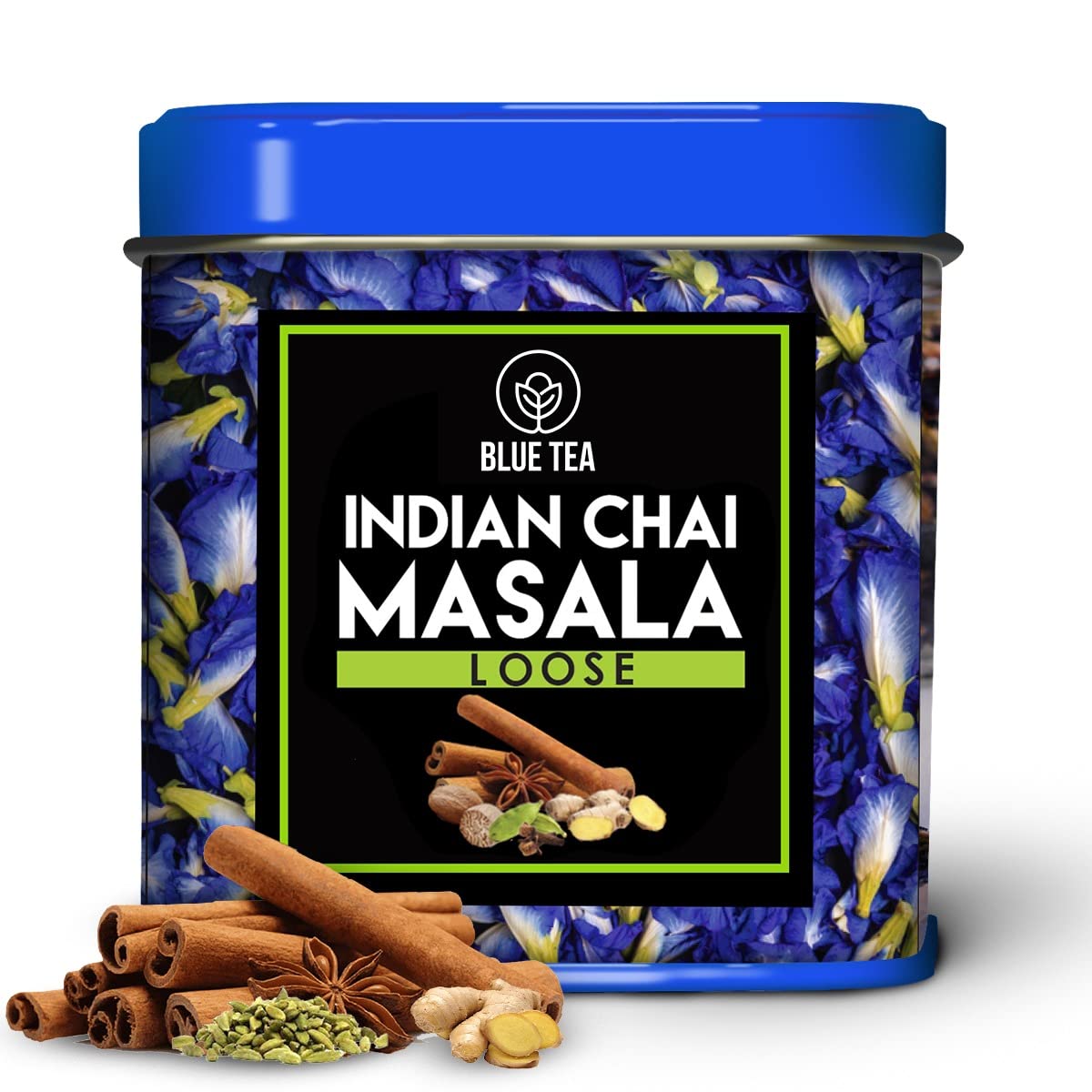 BLUE TEA - Indian Chai Masala Tea - Served on Indigo | Calming Masala Tea - 50g - 50+ Cups | MASALA SPICY TEA | Ginger, Cardamom, Cinnamon | Caffeine-Free | Herbal Tea | Shark Tank Featured | Tin Pack