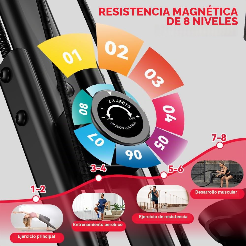 Bicicleta estática plegable silenciosa (<20dB) Bicicleta estacionaria 3 en 1 con 8 resistencias magnéticas, pantalla LCD multifuncional y soporte para tableta, para uso doméstico, altura ajustable 155