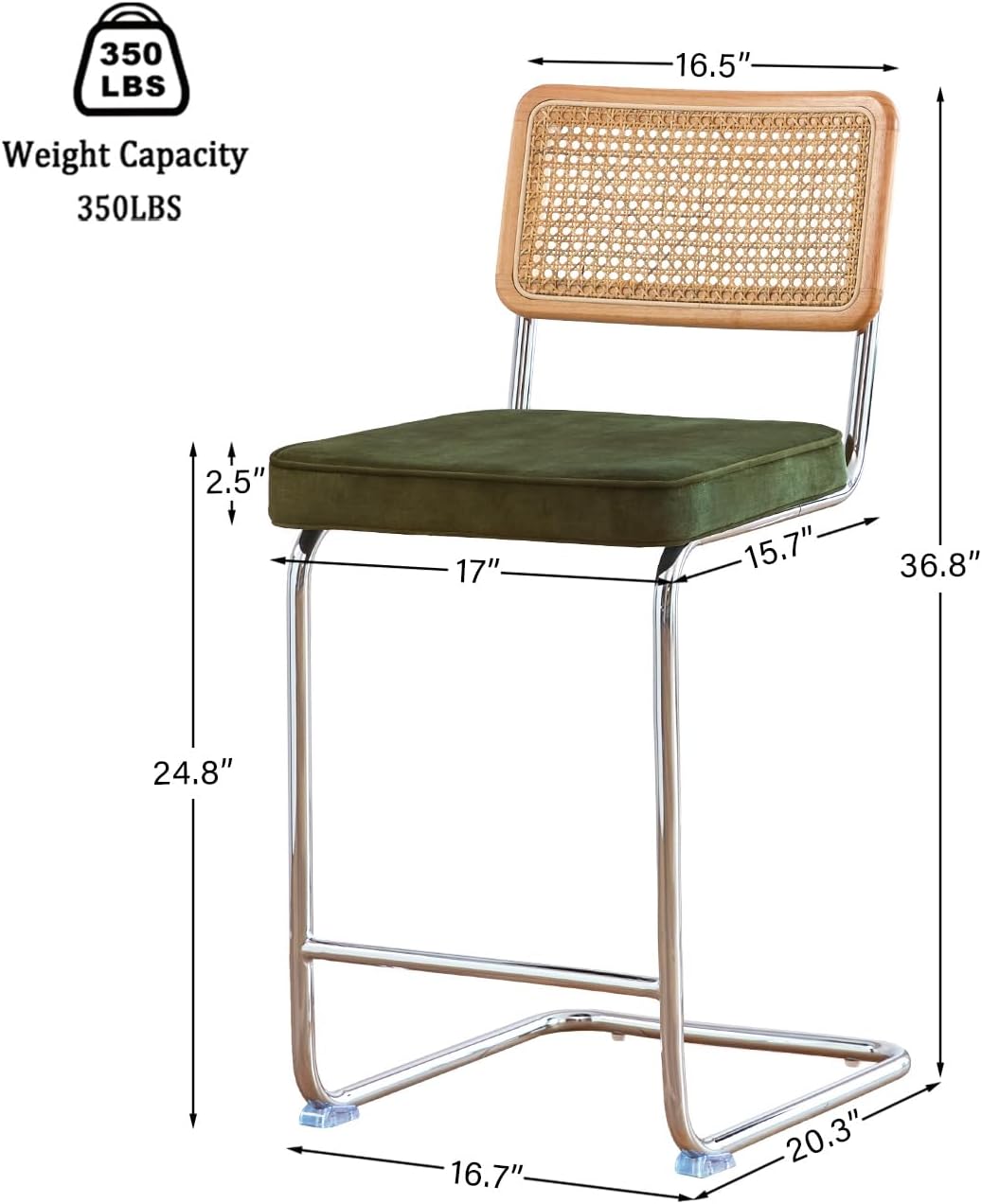 GrandNoor Natural Rattan Bar Stools Set of 3 with Solid Wood Back, 24 Inch Mid Century Modern Counter Height Stools, Green Upholstery Boho Stool for Kitchen Counter with Chrome Metal Legs