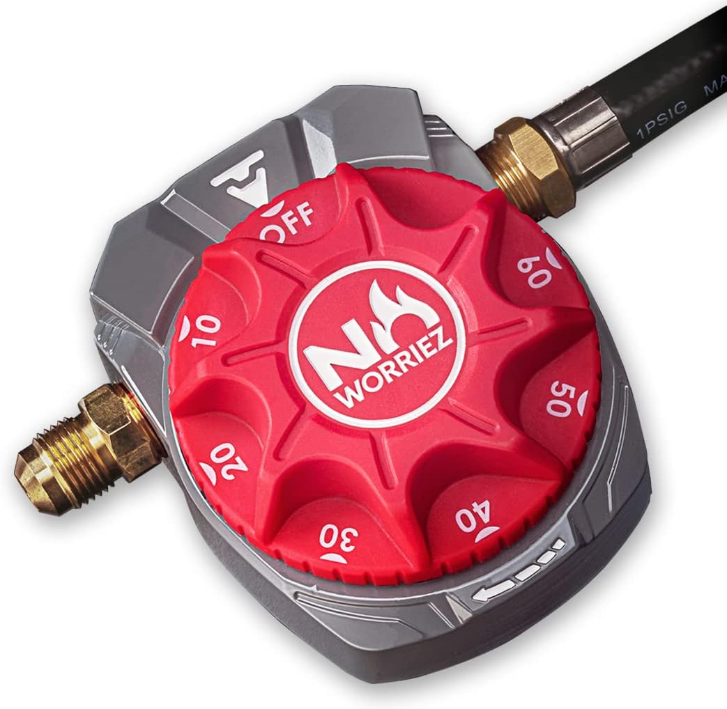 NO WORRIEZ Safety Auto Shut-Off Gas Timer for Propane & Natural Gas | Outdoor Grill, Fire Pit, Pizza Oven | – 100,000 BTU w/ 3/8" Flared Assembly Connector & Hose, Patent Pending