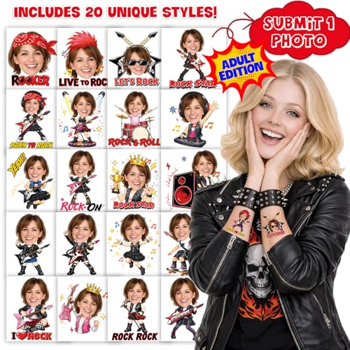 Image of Custom Rock Temporary Tattoos for Kids, Set of 20 | Personalized Pre-Cut Face Photo, Birthday Party Favors, For Boys Girls, Rock Fans