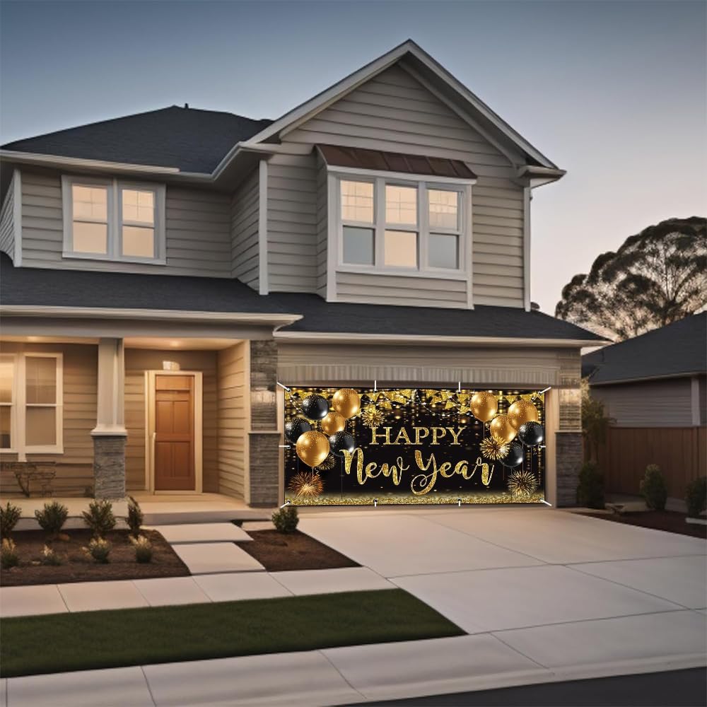 Leowefowa 2025 New Year Garage Door Decorations 13x6ft Backdrop Happy New Year Eve Background Garage Door Covers Black Gold Glitter Balloon Garage Door Banner for Baby Shower Birthday Party