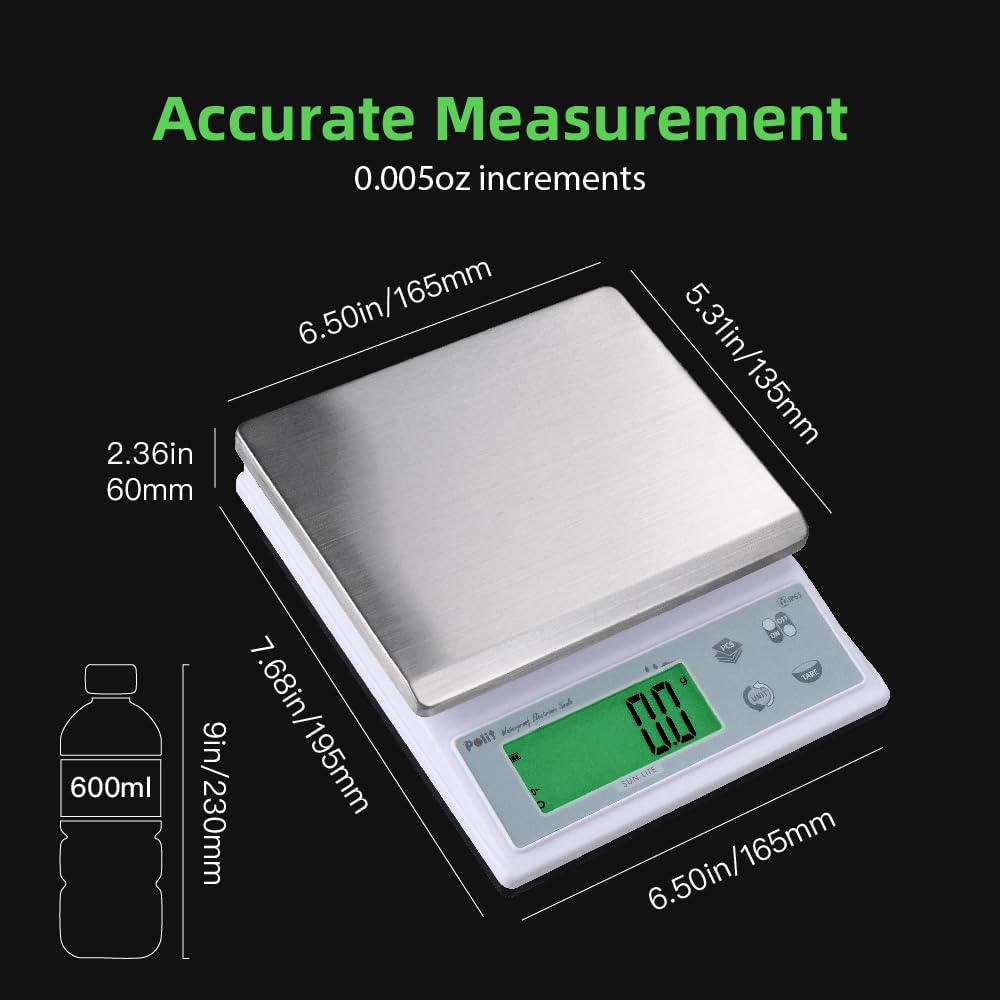 Polit Sun Lite - Báscula digital de cocina para alimentos, 3 kg, precisión de 1 g a 0,1 g, acero inoxidable impermeable con pantalla LCD, 5 unidades de peso (con adaptador de corriente)