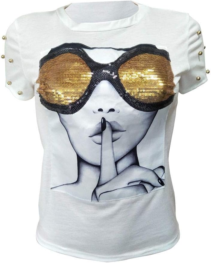 Womens Short Sleeve T-Shirt Sequined Tops O-Neck Funny Graphic Tees Blouse