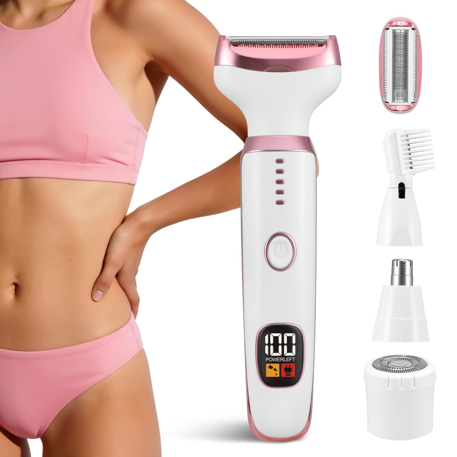 Bikini Trimmer for Women Private Part 4-in-1 Women Body Trimmer with LED Display, Waterproof Trimmer for Lady, Rechargeable Cordless Painless Hair Remover for Face, Bikini, Underarms & Body