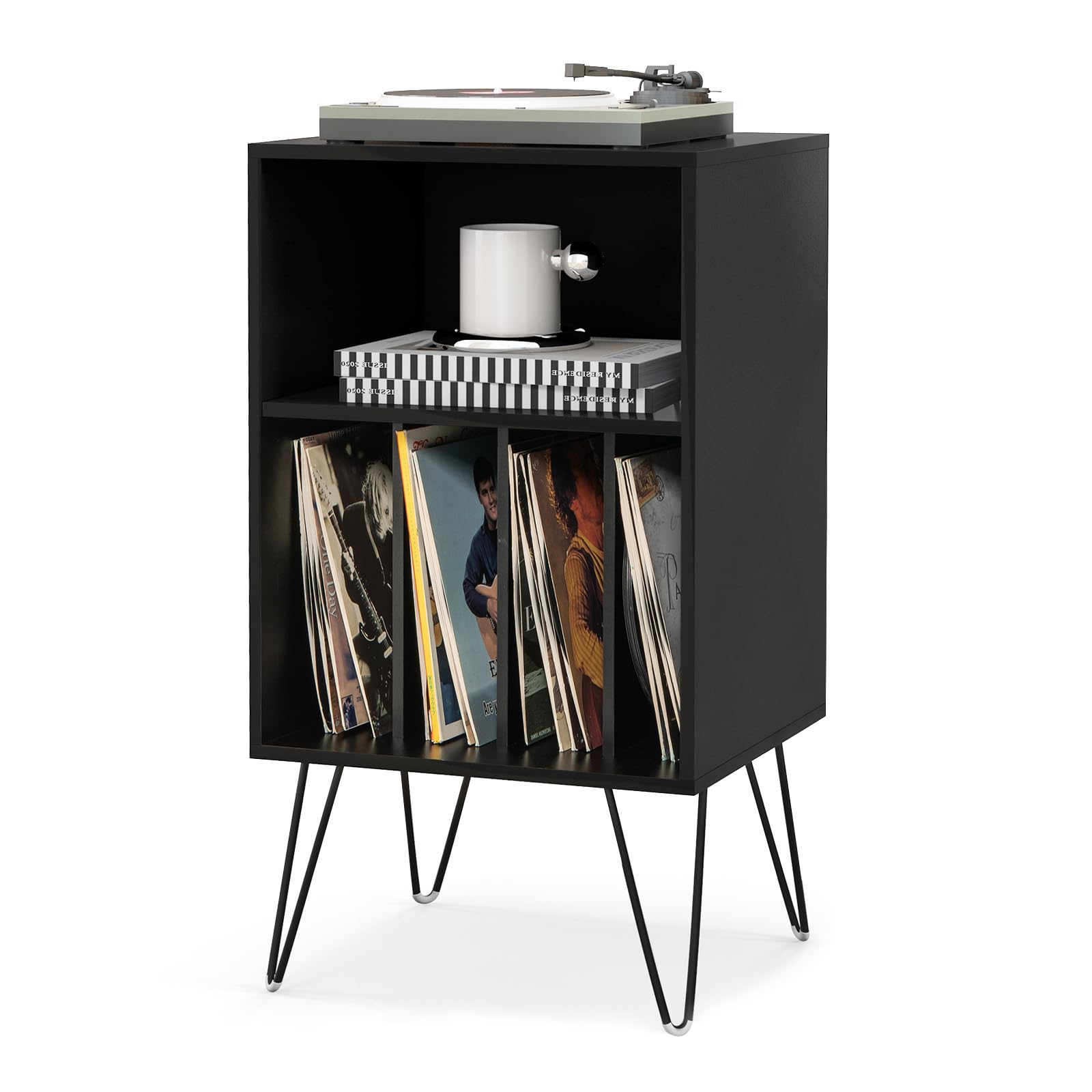 COSTWAY Record Player Stand, Wooden Turntable Stand End Sofa Side Table with 5 Shelves for 150 Albums, Metal Legs Vinyl Record Storage Cabinet Holder for Living Room Bedroom (Black)