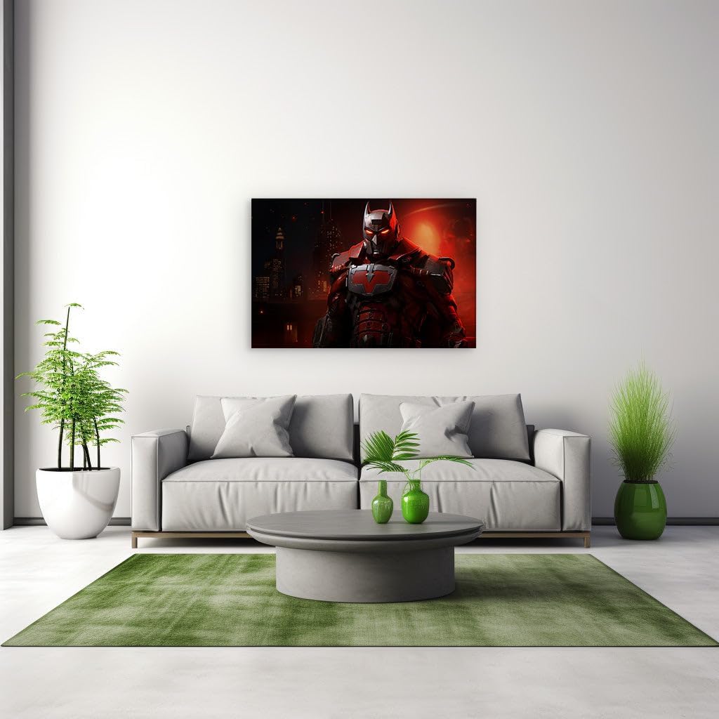 Canvas for Living room. Red Knight Rises: The Crimson Guardian of the Night City, 27 x 18 inch Canvas Wall Art - Ready to Hang