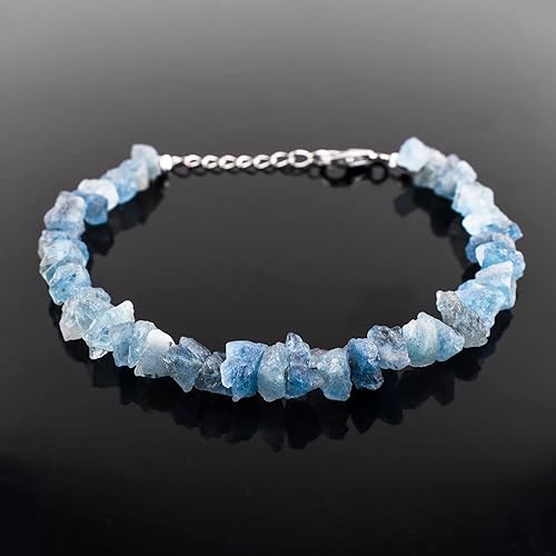 Miniatura 2 de Natural Raw Aquamarine Rough Stone Handmade Dainty Bangle Bracelet for Women, Healing Chakra Energy Crystals, Birthstone Jewelry, Rhodium Plated 925