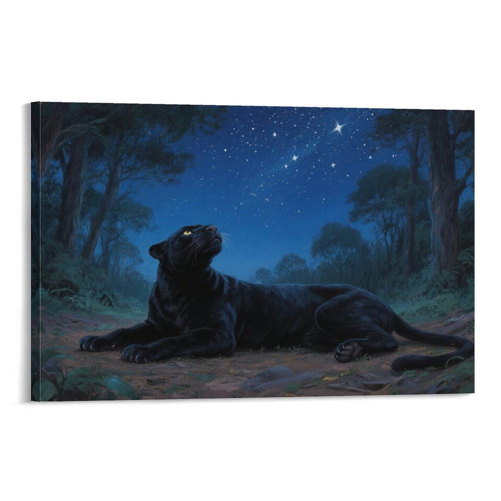 YYVKPMLXC Black Panther Canvas Wall Art Print Starry Night Forest Giclee Artwork Modern Painting Ready To Hang for Home Decor 20x30inch(50x75cm)