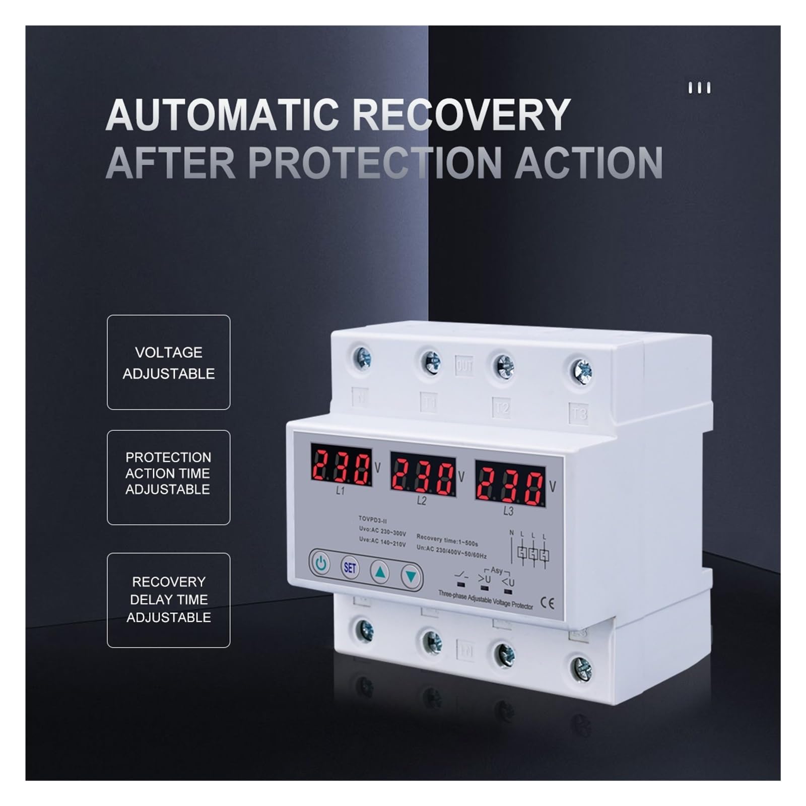RWRAPS Protector de Voltaje Protector trifásico Ajustable de sobre y bajo Voltaje, Dispositivo de protección de recuperación automática trifásico, reinicio 63A 380V