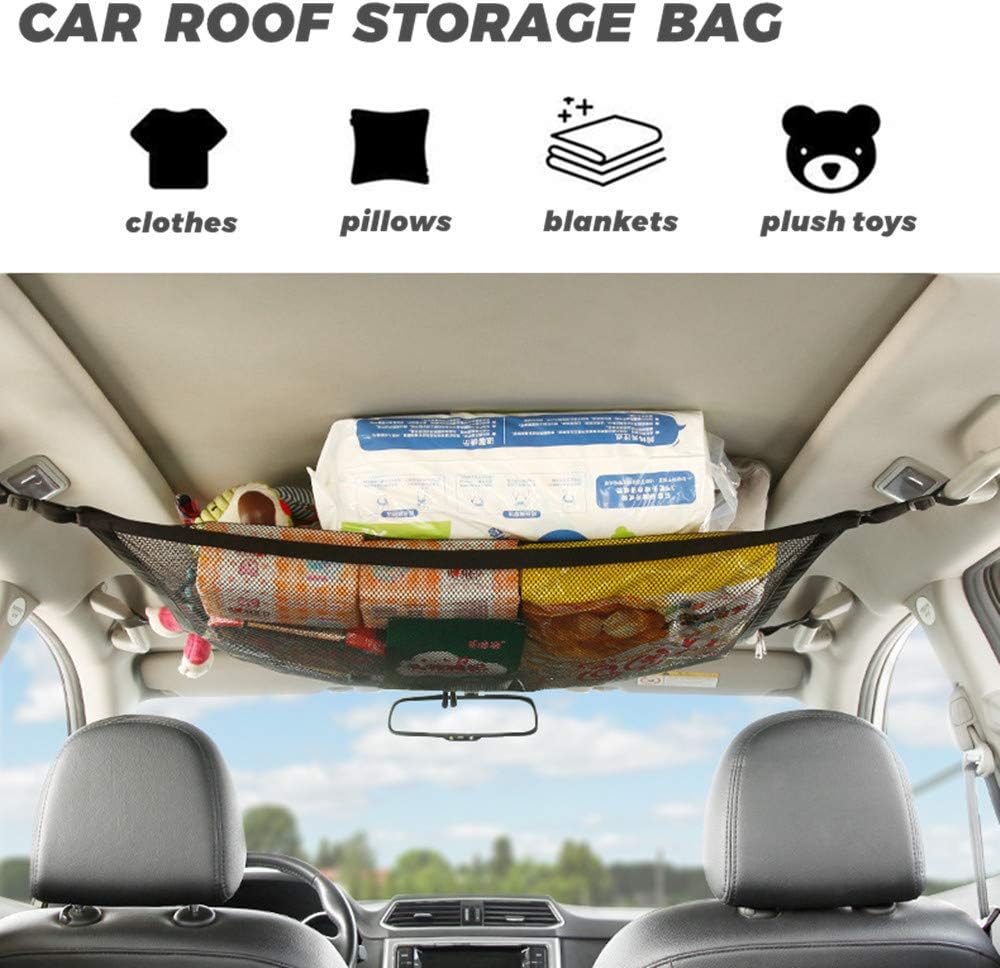 Car Ceiling Storage Net Pocket, Car Roof Interior Cargo Net Breathable Mesh Bag , Adjustable Sundries Storage Pouch with Zipper