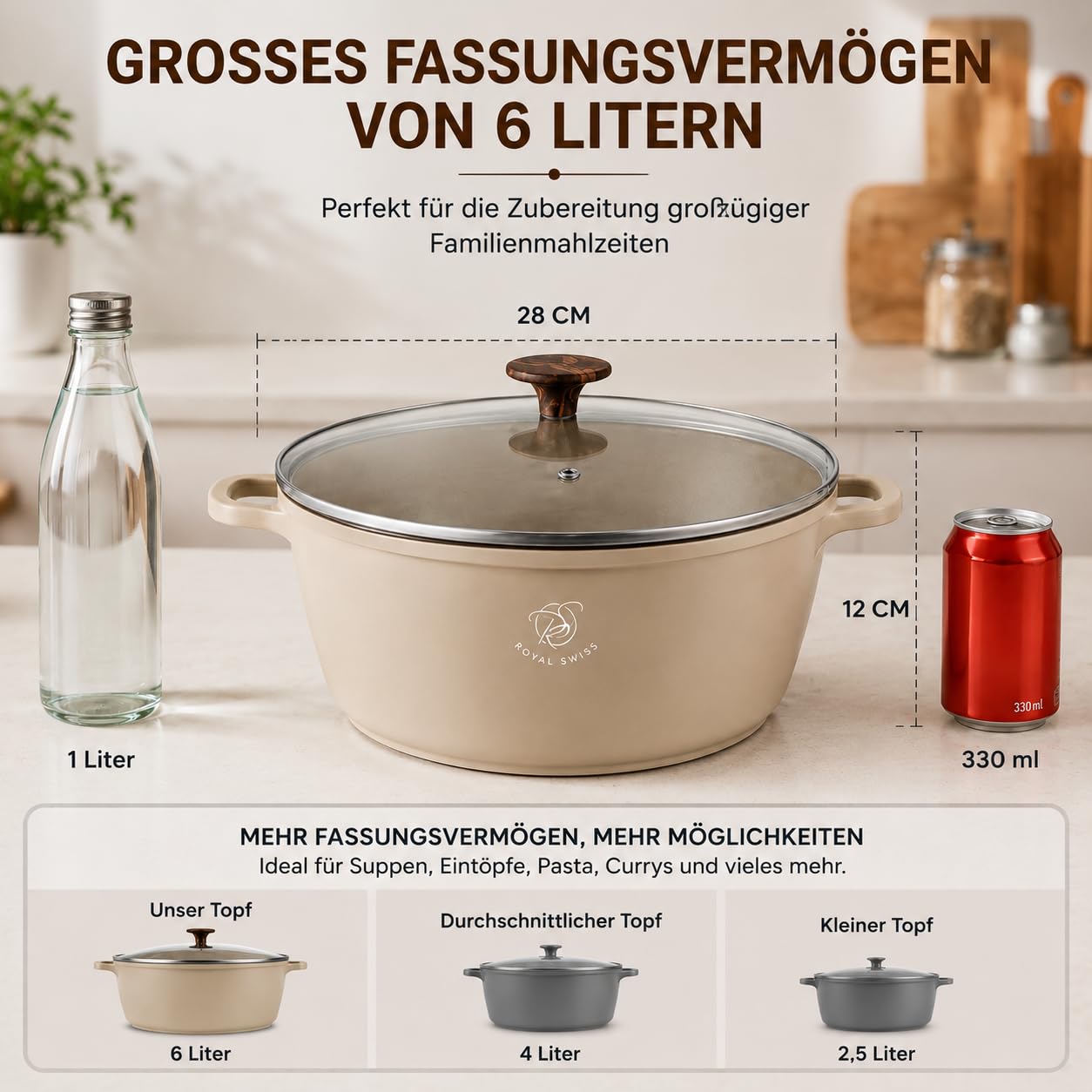 Royal Swiss® Kochtopf 28 cm – 6 Liter – Induktion & Ofenfest – Gussaluminium mit Marmor-Antihaftbeschichtung – Glasdeckel & abnehmbare Silikongriffe – PFAS- & PFOA-frei – Hellbeige