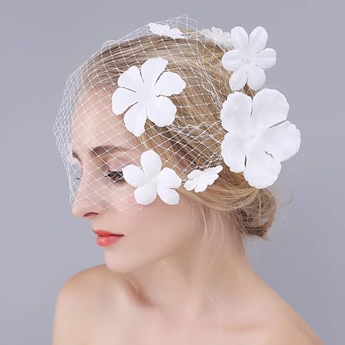 Miniatura 2 de Beaupretty Velo de malla para novia con flores, tocado de gasa para boda, velo corto, red de pelo de novia, tocado decorativo para fiesta de té,