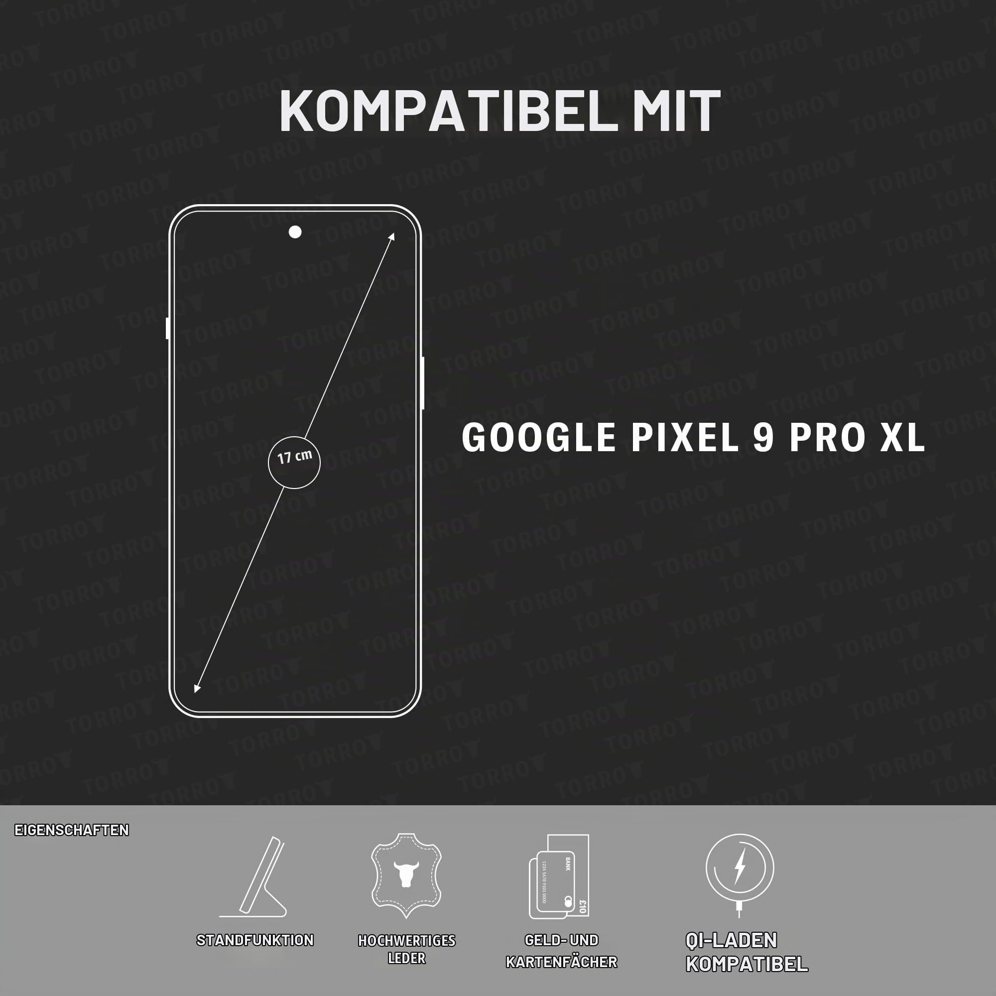 TORRO Hülle kompatibel mit Google Pixel 9 Pro XL – Echt Leder Hülle mit Standfunktion und Kartenfächern (Schwarz)