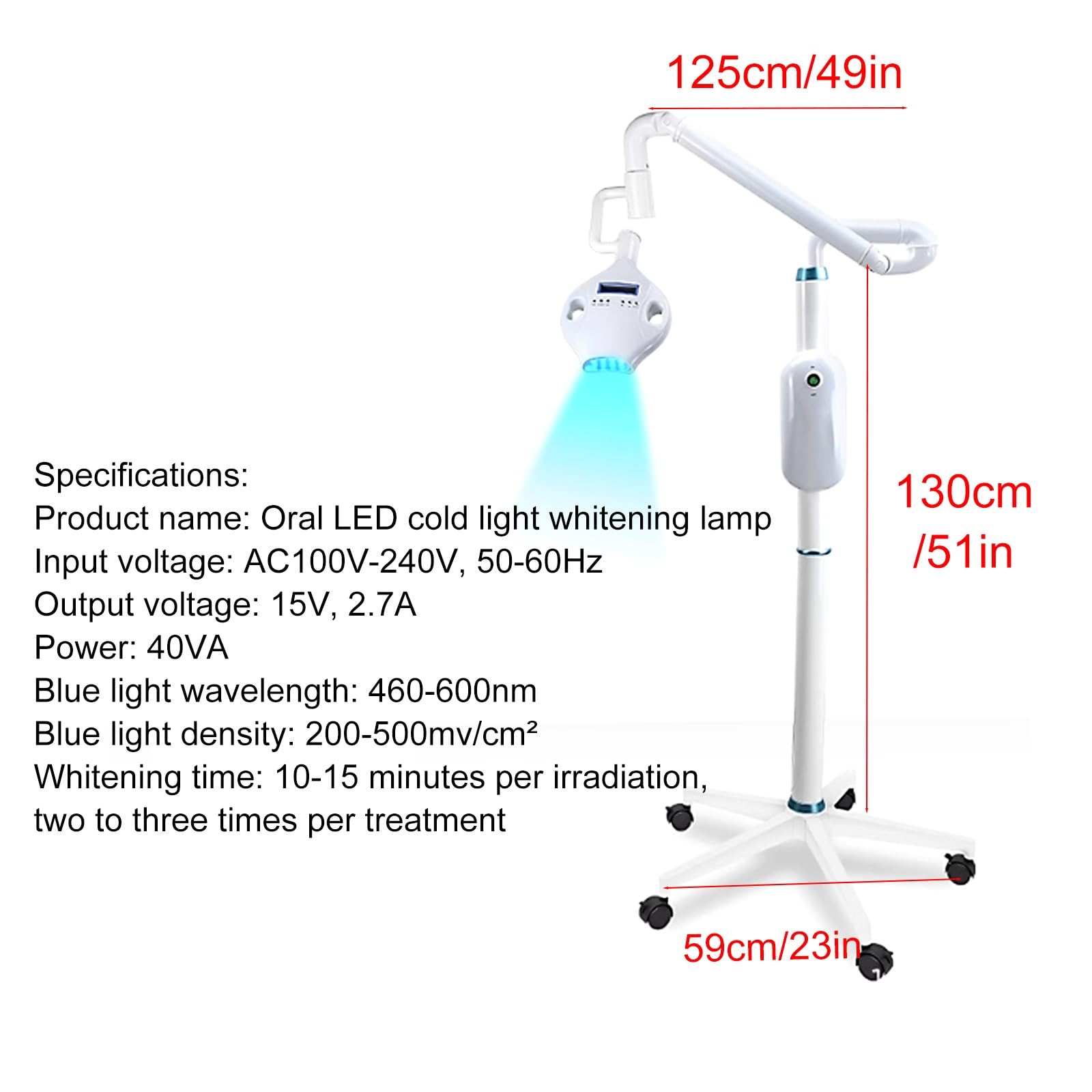 Lampe d'Examen LED sur Pied 40 W, Lampe Chirurgicale Professionnelle pour Blanchiment Des Dents, 3 Couleurs Bleu/Rouge/Violet(White)
