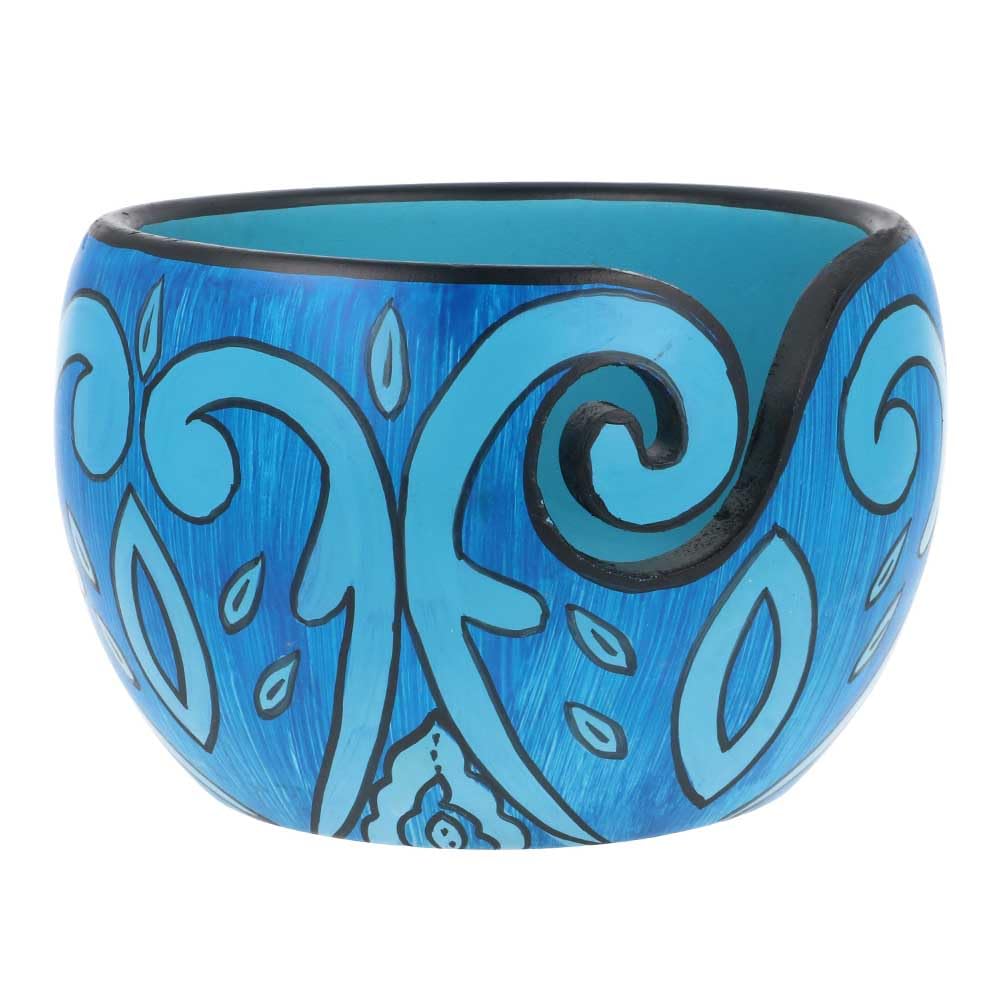 Scheepjes Yarn Bowl in Mango Wood, 11x12.5cm - Elegant Blue Leaf Design