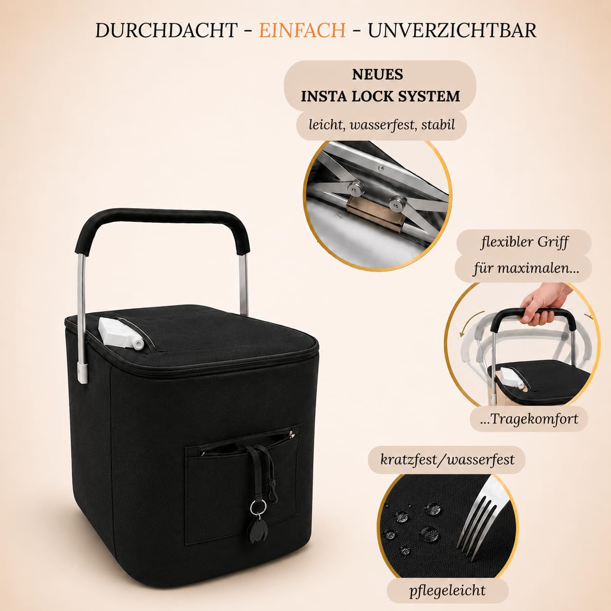 43L Einkaufskorb faltbar mit Deckel, groß, stabil, isolierter Kühlkorb, Thermokorb oder Thermotasche, klappbar, ideal für Picknick, Camping, Reisen, Einkauf (Schwarz)