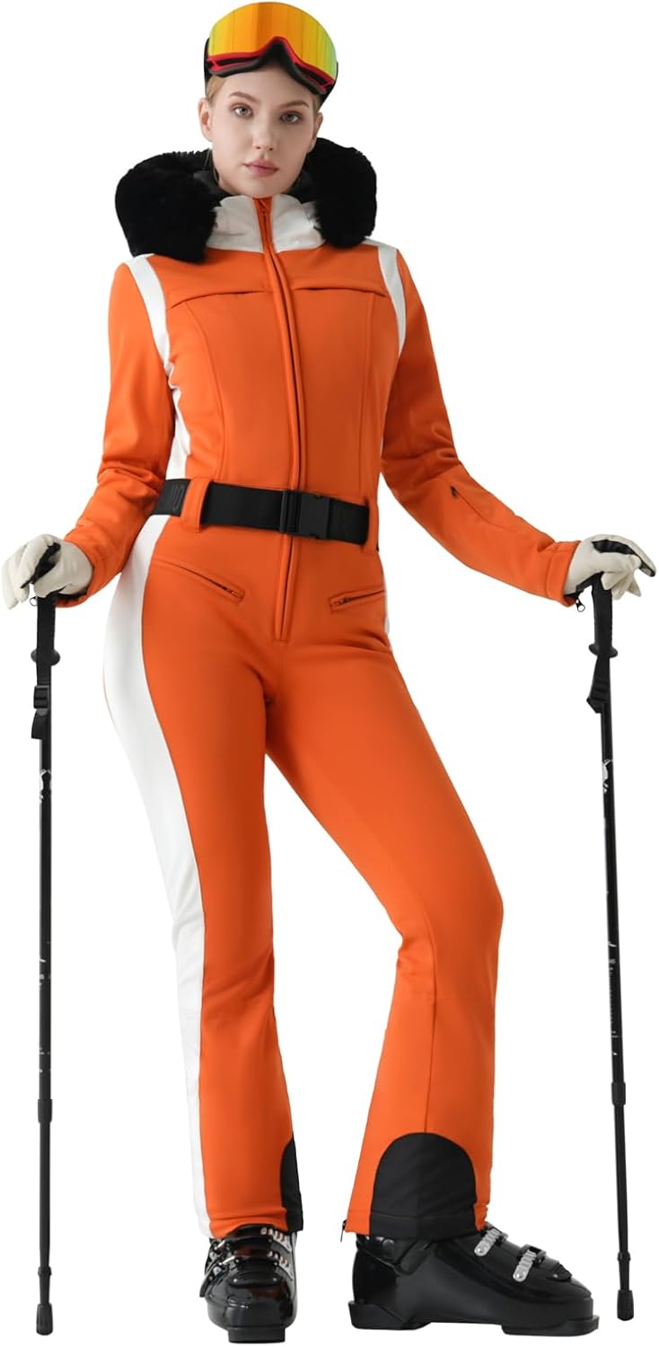 Womens Ski Suit One Piece Snowsuit Slim Insulated Jumpsuit Warm Waterproof Outdoor Sports Outerwear