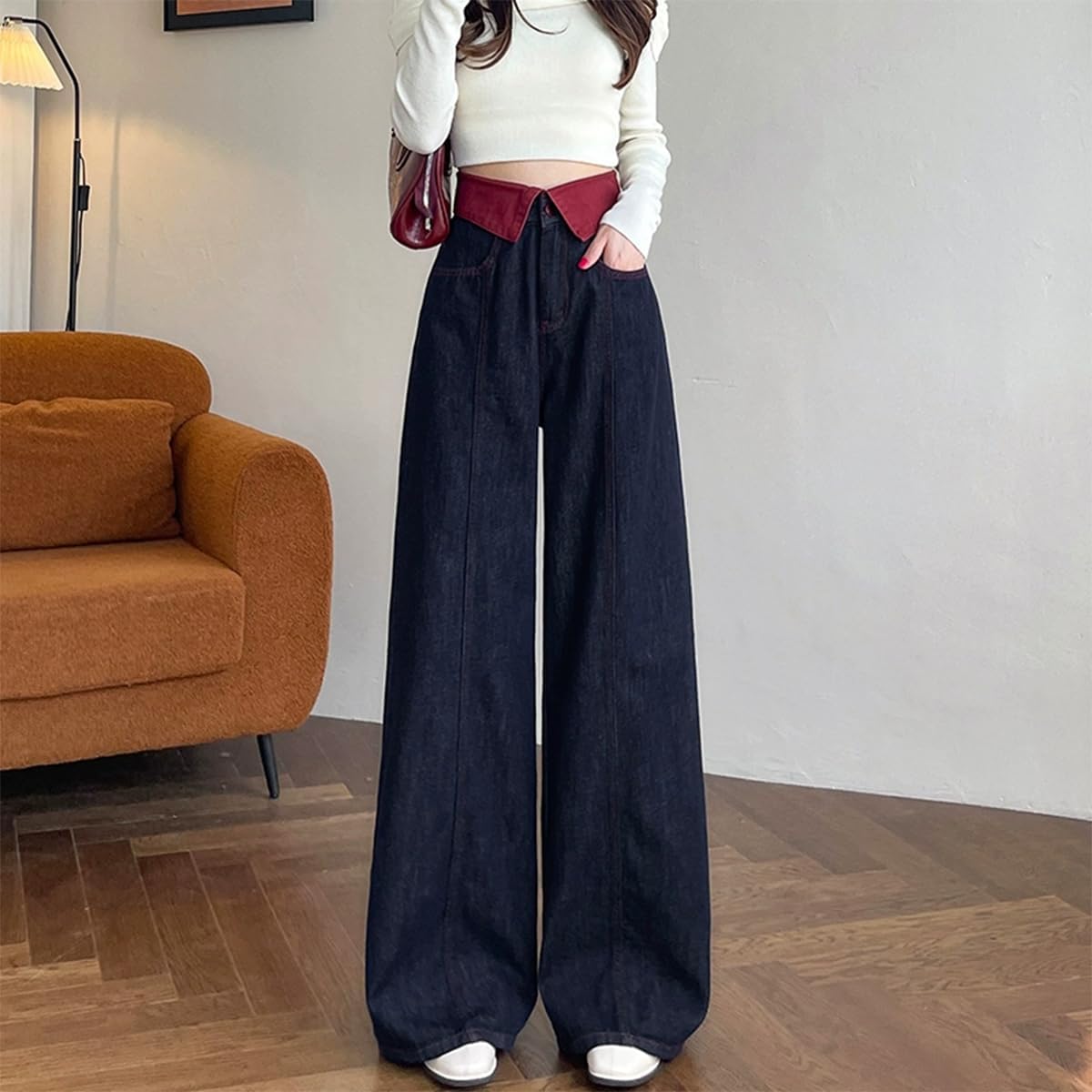 Fashion High Waist Women's Jeans Y2K Casual Baggy Wide Leg Neckline Style Waist Design Straight Jeans