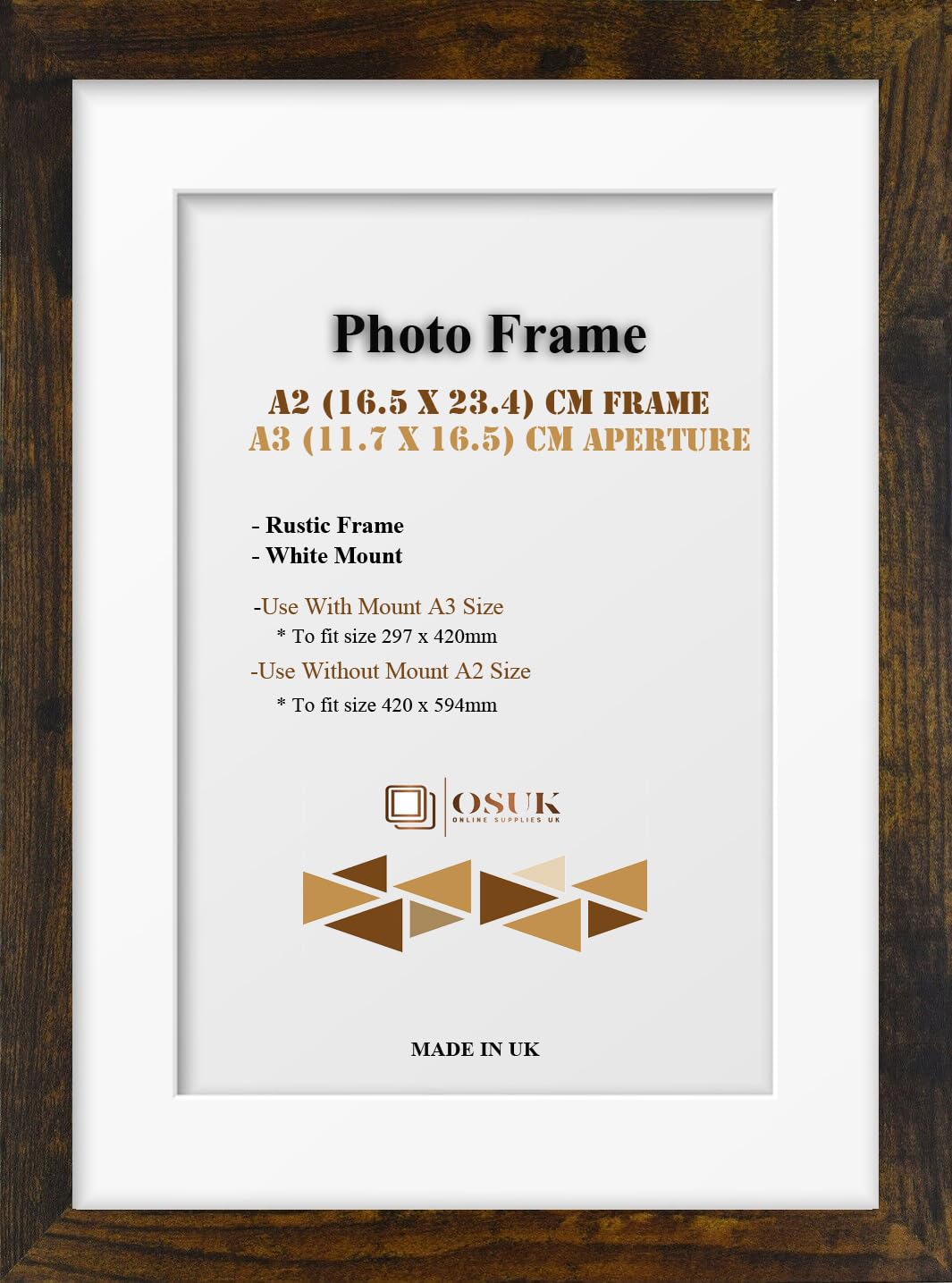 Frame Eazy Rustic Osuk A2 Frame With A3 Mount Modern Photo Frame With White Mount - Clear Perspex Front & Wall Mounting Poster Frame - A2 Picture Frame With A3 White Mount