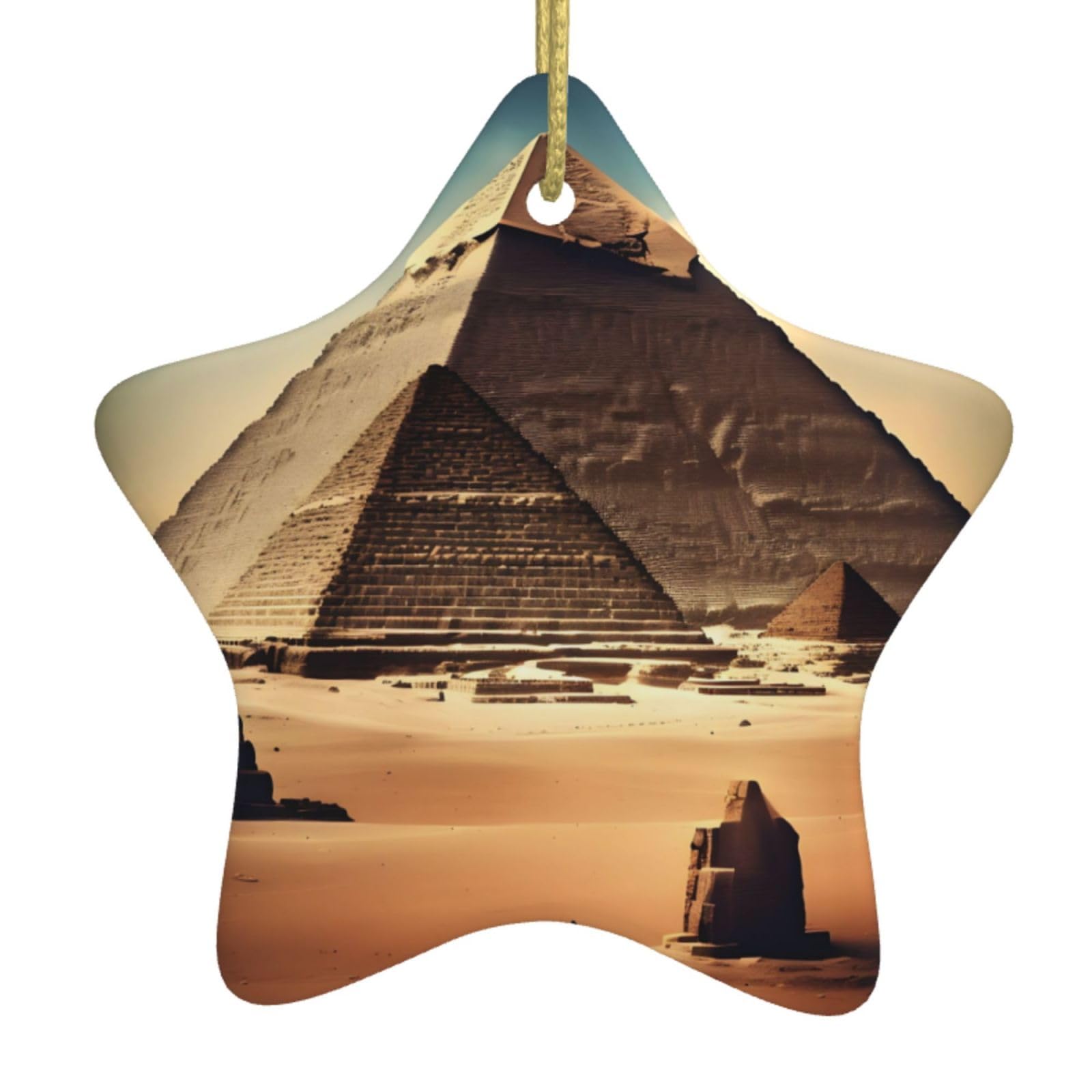 Dreaming of The Pyramids of Khufu Christmas Ceramic Star Pendant with Punched Holes and Gold Wire Rope, Christmas Tree Home Decoration