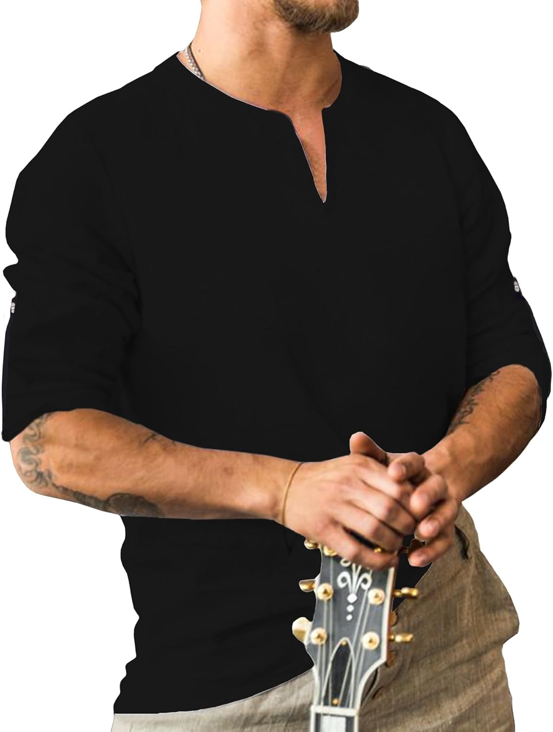 JoZorro Mens Polyester Linen V Neck Henley Shirt Long Sleeve Caftan Handmade Tunic Embroidered Casual Beach T Shirts