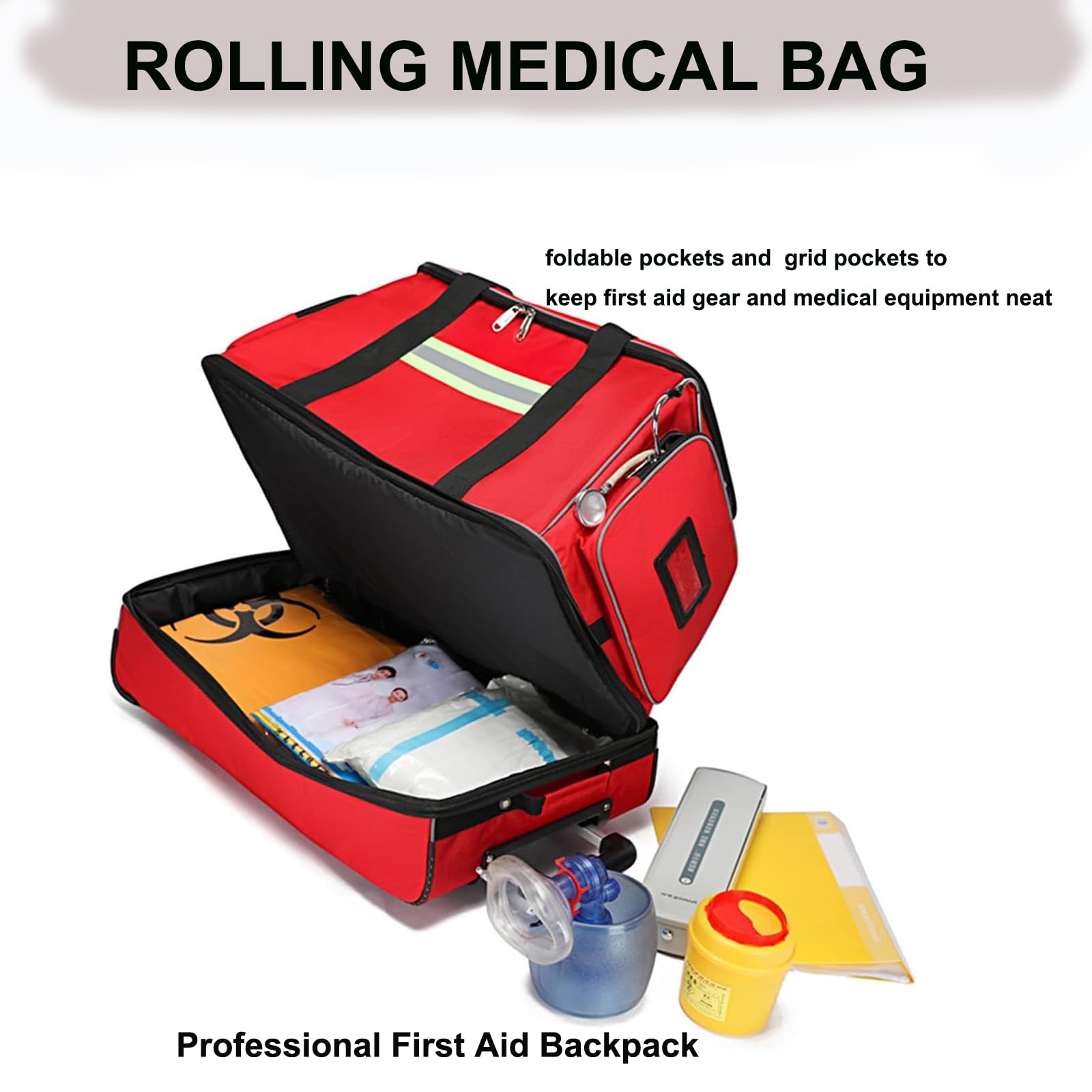 Trolley medico kit di salvataggio di emergenza con tasche multiple e scomparti per escursioni all'aperto, grande capacità per professionisti della salute, EMT e medici