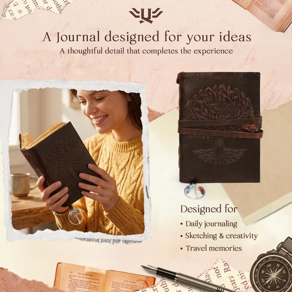 LushLuxeoria Leather Journal - Mothers Day Gifts, Travel Diary, Women's Notebook - Tree Of Life 7 Chakra Bookmark, Antique Gift for Women and Men, Unique Birthday Gifts, Brown - 6"x8" (200 Pages)